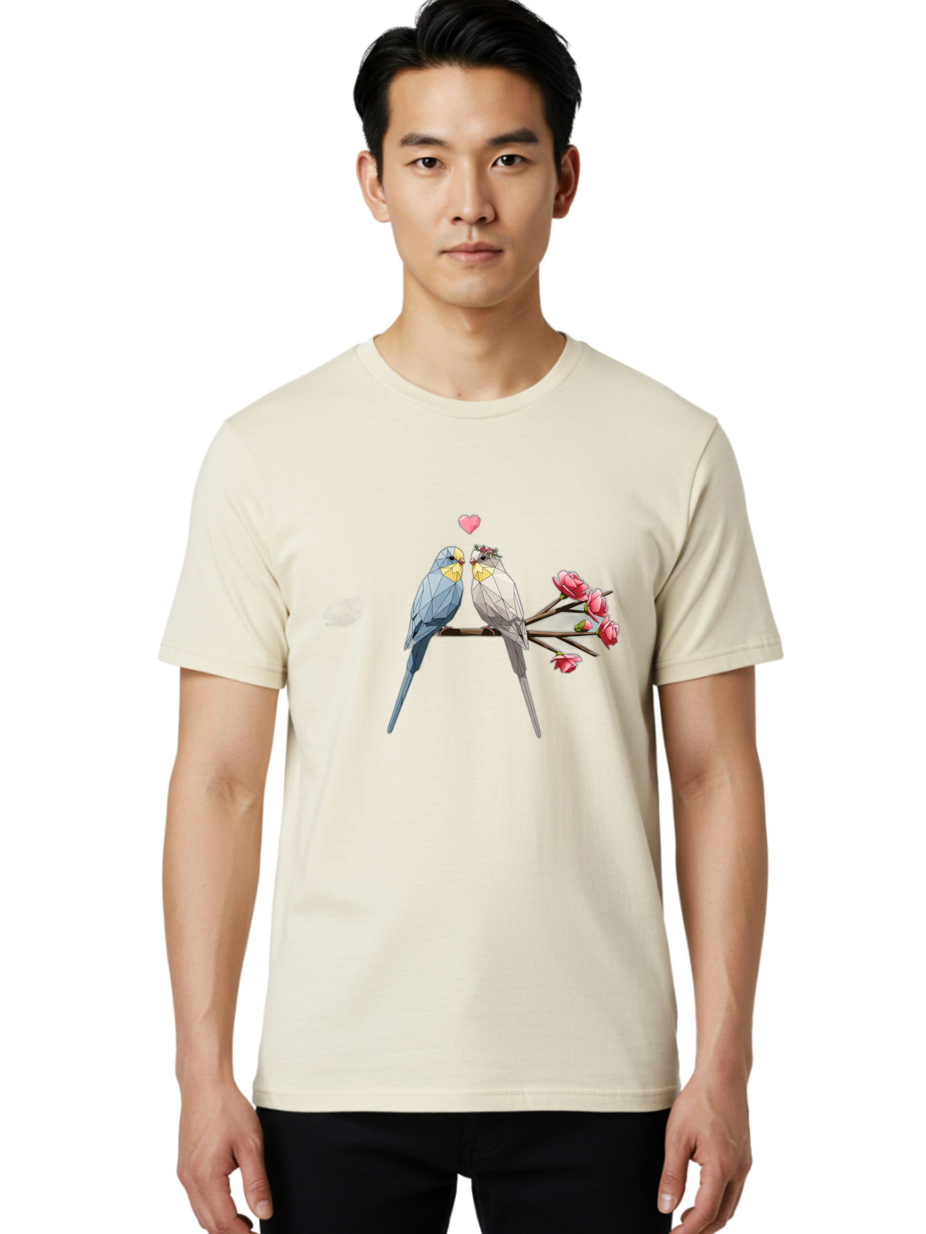 Lovebirds Men'S Graphic Tee, 100% Cotton, Comfortable Casual Summer Wear, Machine Washable, Low Poly Lovebirds, Pink Flowers, Couple Birds, Love Heart, Tender Moment, Geometric Art, Pastel Colors, Romantic Scene, Valentine'S Day Baa934