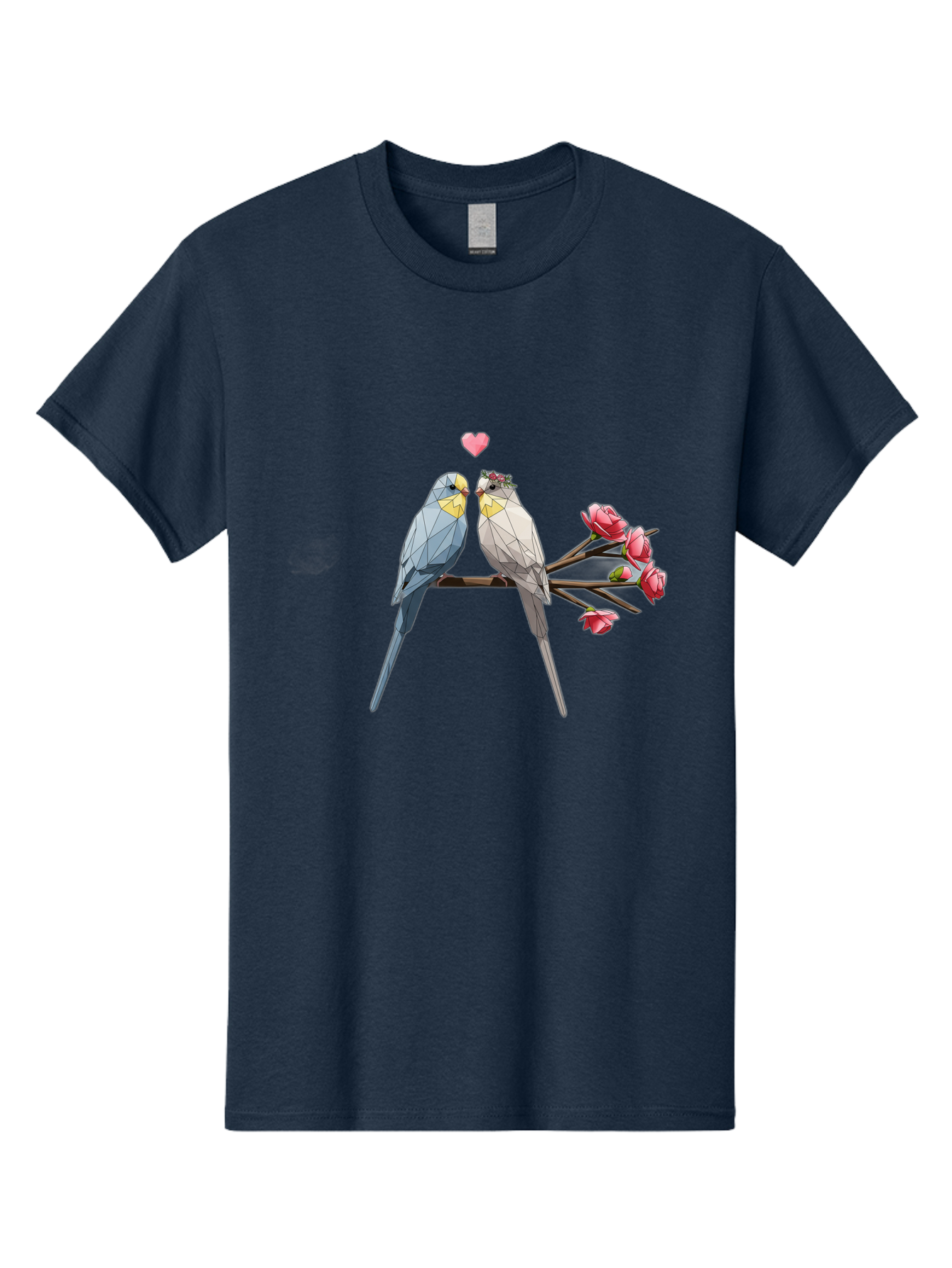 Lovebirds Men'S Graphic Tee, 100% Cotton, Comfortable Casual Summer Wear, Machine Washable, Low Poly Lovebirds, Pink Flowers, Couple Birds, Love Heart, Tender Moment, Geometric Art, Pastel Colors, Romantic Scene, Valentine'S Day Baa934