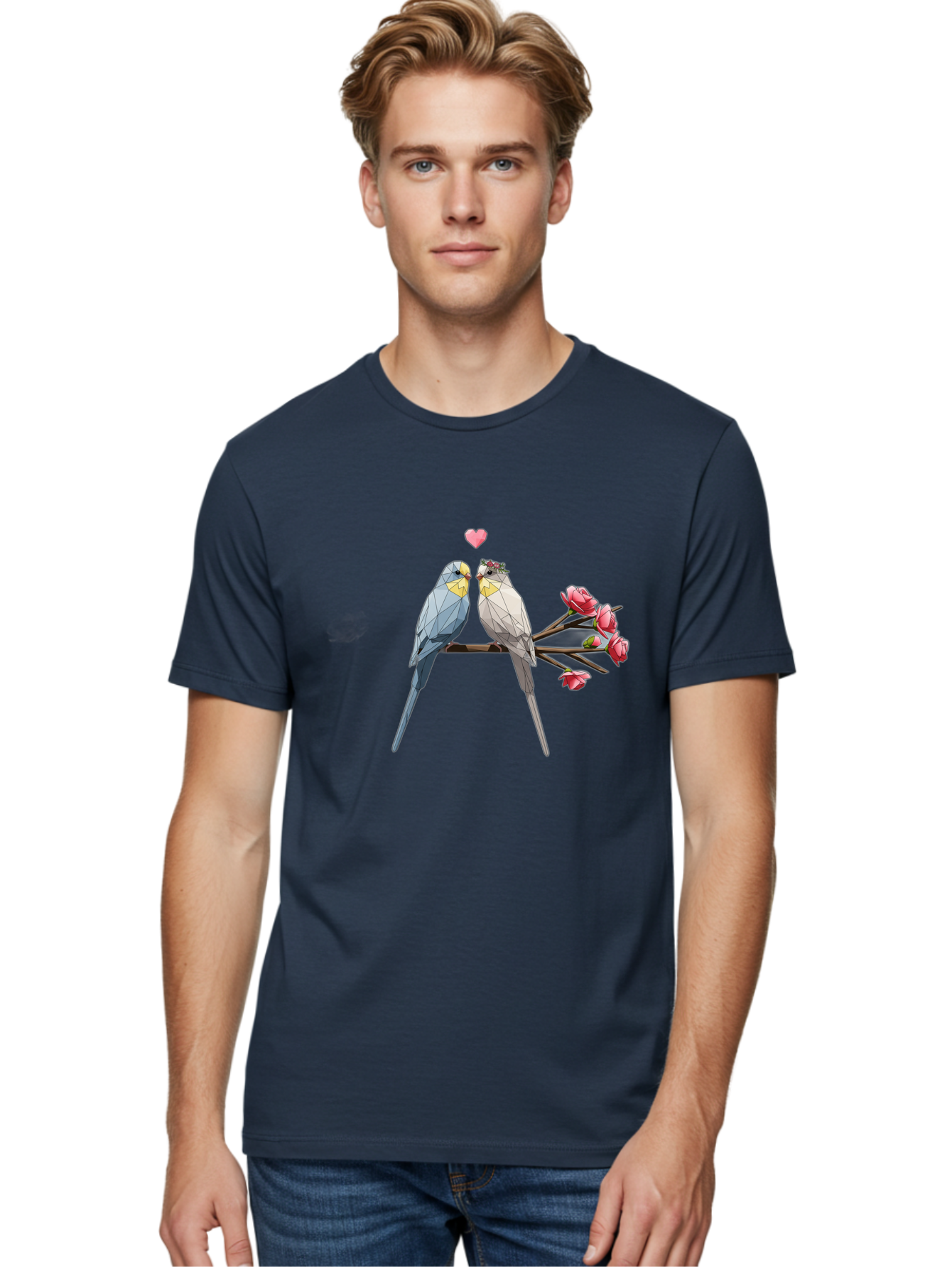 Lovebirds Men'S Graphic Tee, 100% Cotton, Comfortable Casual Summer Wear, Machine Washable, Low Poly Lovebirds, Pink Flowers, Couple Birds, Love Heart, Tender Moment, Geometric Art, Pastel Colors, Romantic Scene, Valentine'S Day Baa934