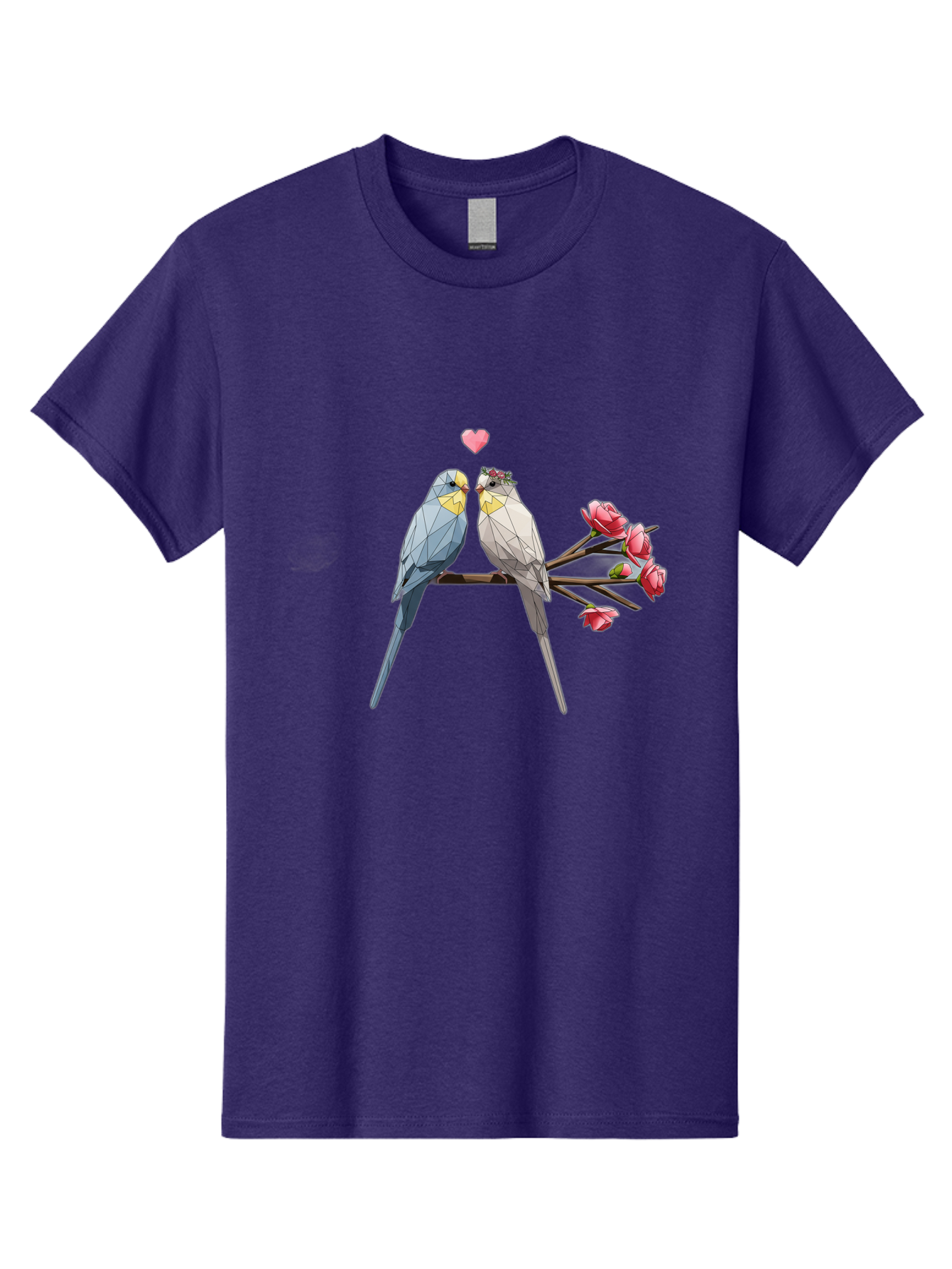 Lovebirds Men'S Graphic Tee, 100% Cotton, Comfortable Casual Summer Wear, Machine Washable, Low Poly Lovebirds, Pink Flowers, Couple Birds, Love Heart, Tender Moment, Geometric Art, Pastel Colors, Romantic Scene, Valentine'S Day Baa934
