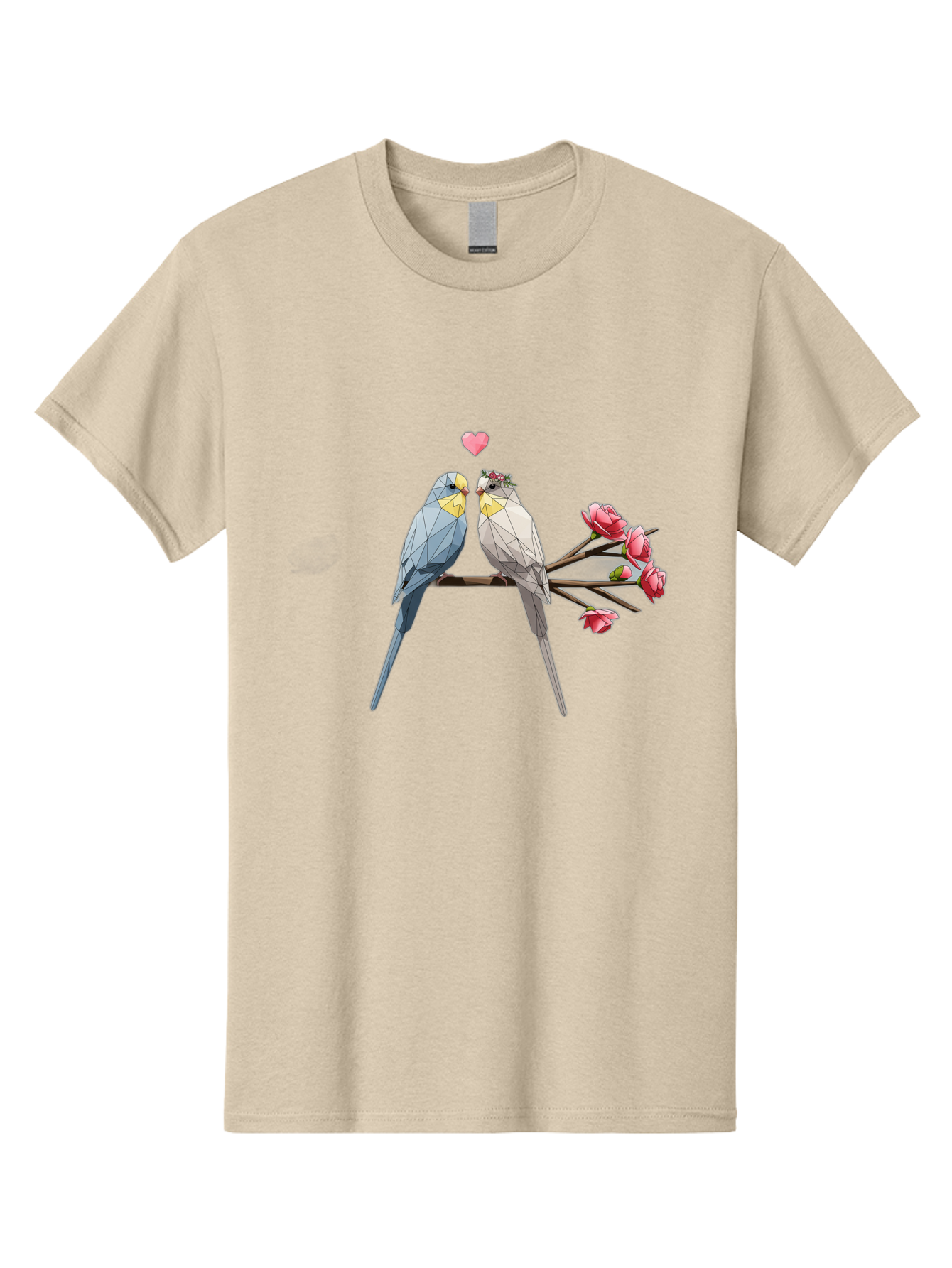 Lovebirds Men'S Graphic Tee, 100% Cotton, Comfortable Casual Summer Wear, Machine Washable, Low Poly Lovebirds, Pink Flowers, Couple Birds, Love Heart, Tender Moment, Geometric Art, Pastel Colors, Romantic Scene, Valentine'S Day Baa934