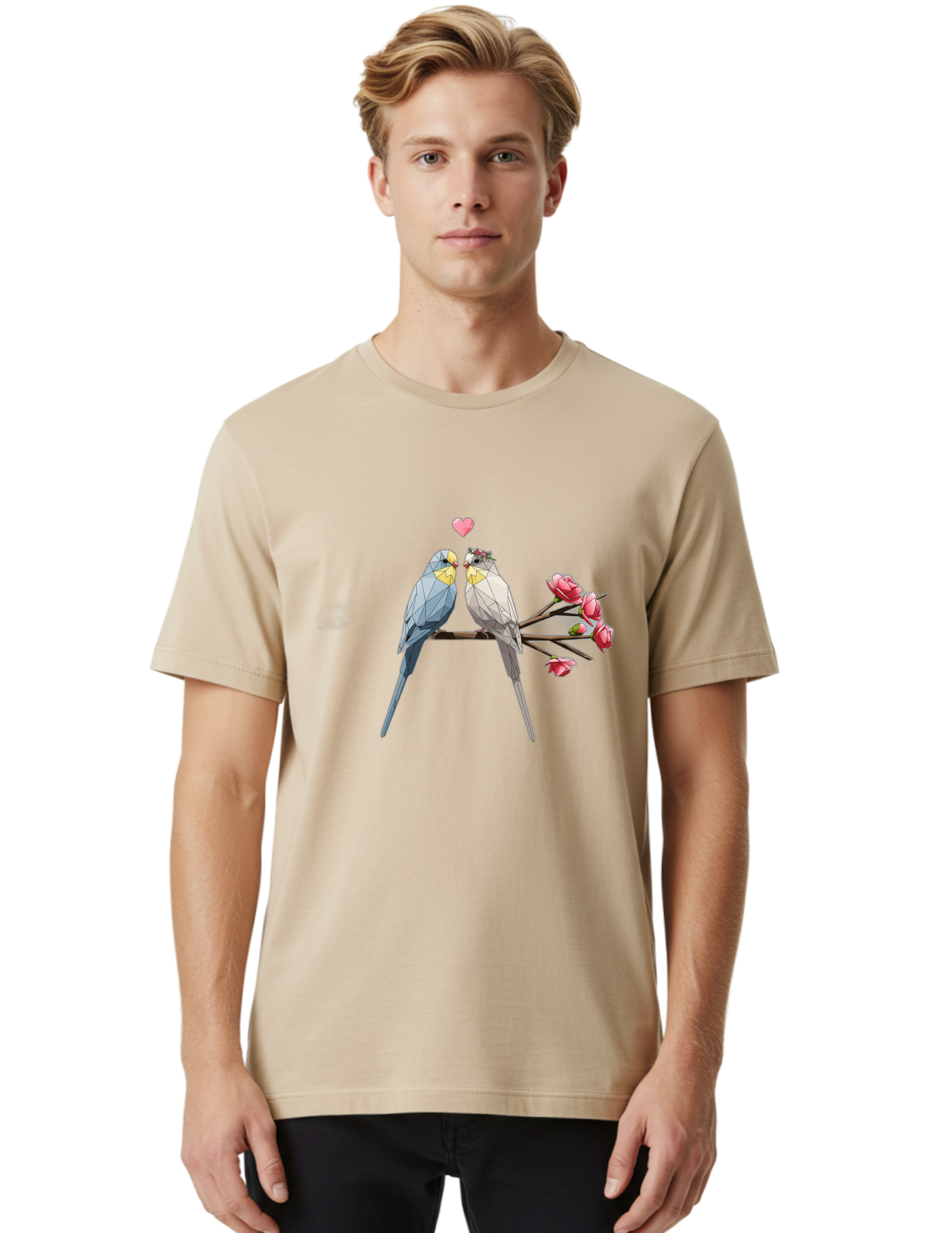 Lovebirds Men'S Graphic Tee, 100% Cotton, Comfortable Casual Summer Wear, Machine Washable, Low Poly Lovebirds, Pink Flowers, Couple Birds, Love Heart, Tender Moment, Geometric Art, Pastel Colors, Romantic Scene, Valentine'S Day Baa934