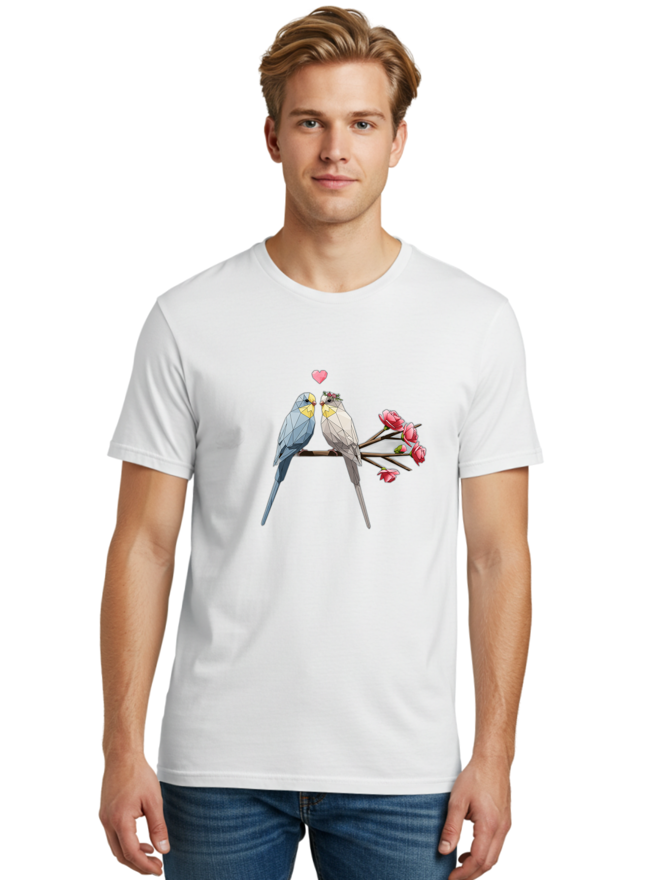 Lovebirds Men'S Graphic Tee, 100% Cotton, Comfortable Casual Summer Wear, Machine Washable, Low Poly Lovebirds, Pink Flowers, Couple Birds, Love Heart, Tender Moment, Geometric Art, Pastel Colors, Romantic Scene, Valentine'S Day Baa934