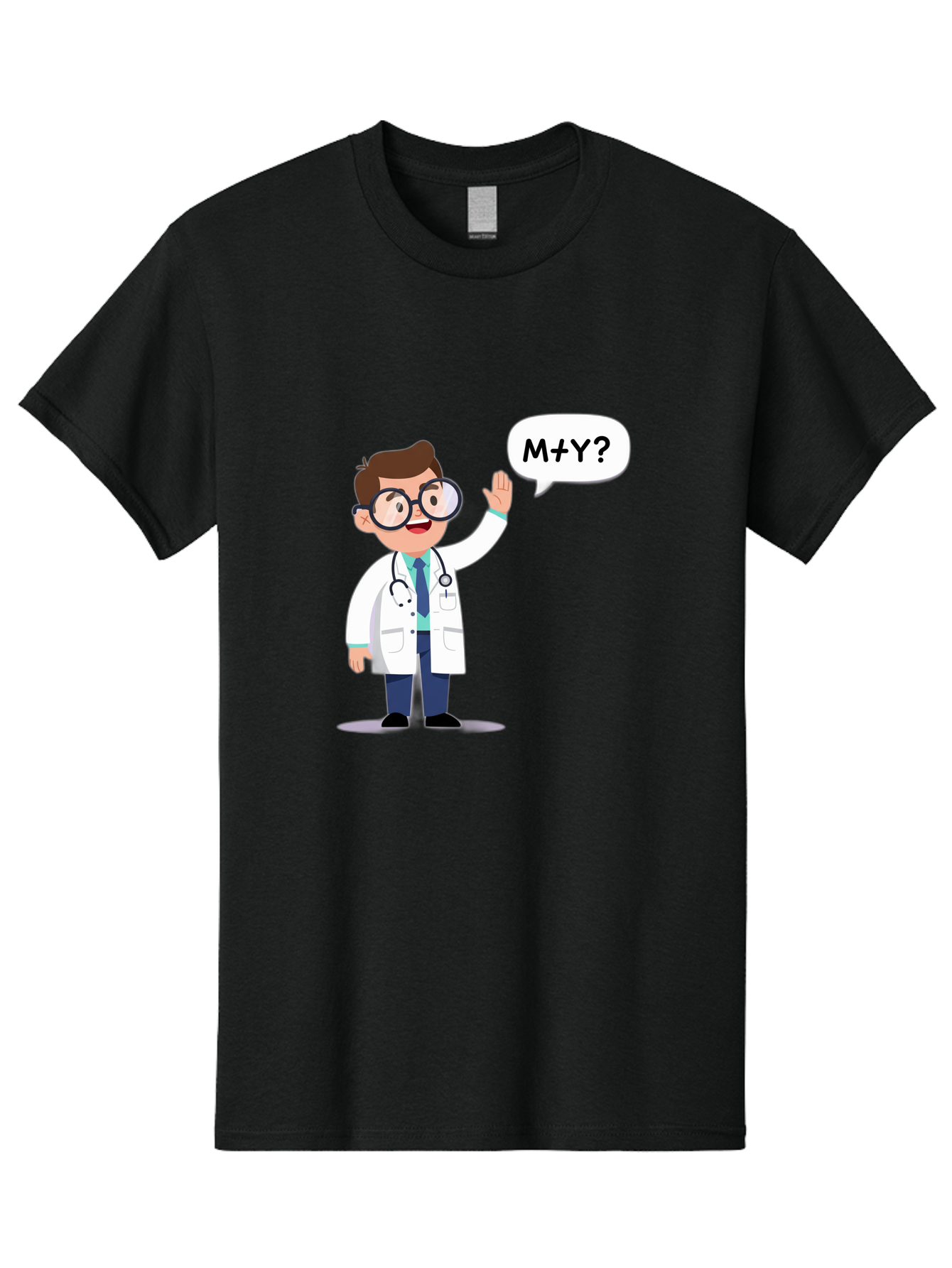 M-Y-Doctor Men'S Graphic Tee, 100% Cotton, Comfortable Casual Summer Wear, Machine Washable, Cartoon Doctor, Medical Professional, Stethoscope, White Coat, Blue Tie, Black Glasses, Waving Hand, Speech Bubble, M+Y?, Doctor Character, Baa935