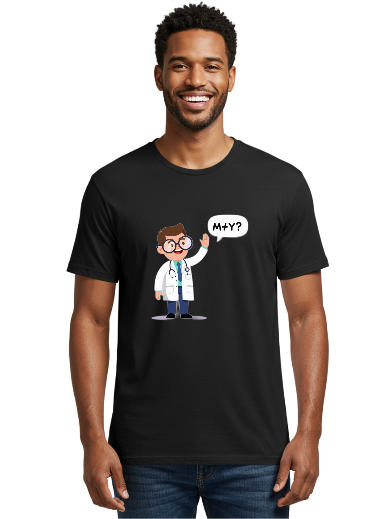 M-Y-Doctor Men'S Graphic Tee, 100% Cotton, Comfortable Casual Summer Wear, Machine Washable, Cartoon Doctor, Medical Professional, Stethoscope, White Coat, Blue Tie, Black Glasses, Waving Hand, Speech Bubble, M+Y?, Doctor Character, Baa935
