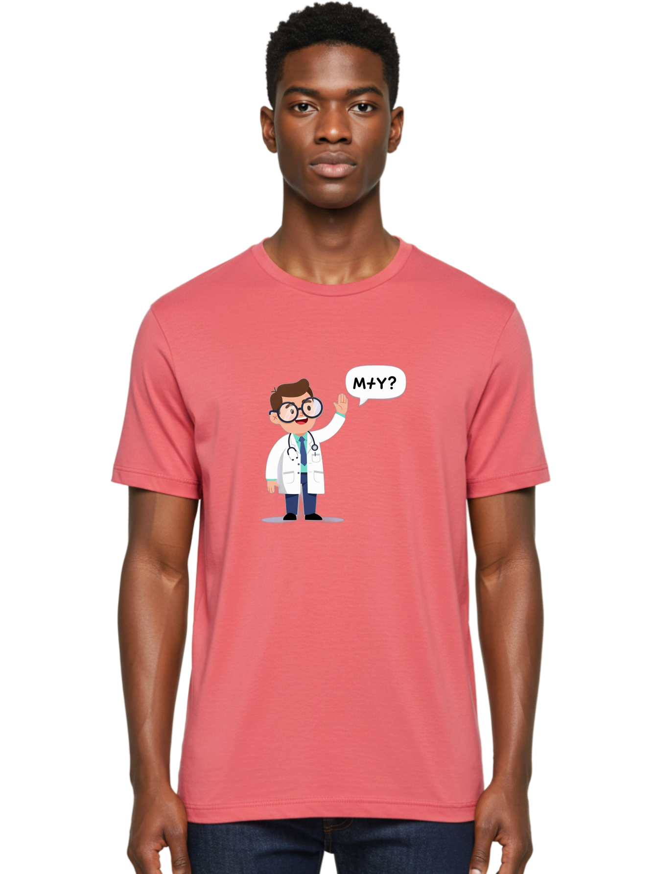 M-Y-Doctor Men'S Graphic Tee, 100% Cotton, Comfortable Casual Summer Wear, Machine Washable, Cartoon Doctor, Medical Professional, Stethoscope, White Coat, Blue Tie, Black Glasses, Waving Hand, Speech Bubble, M+Y?, Doctor Character, Baa935