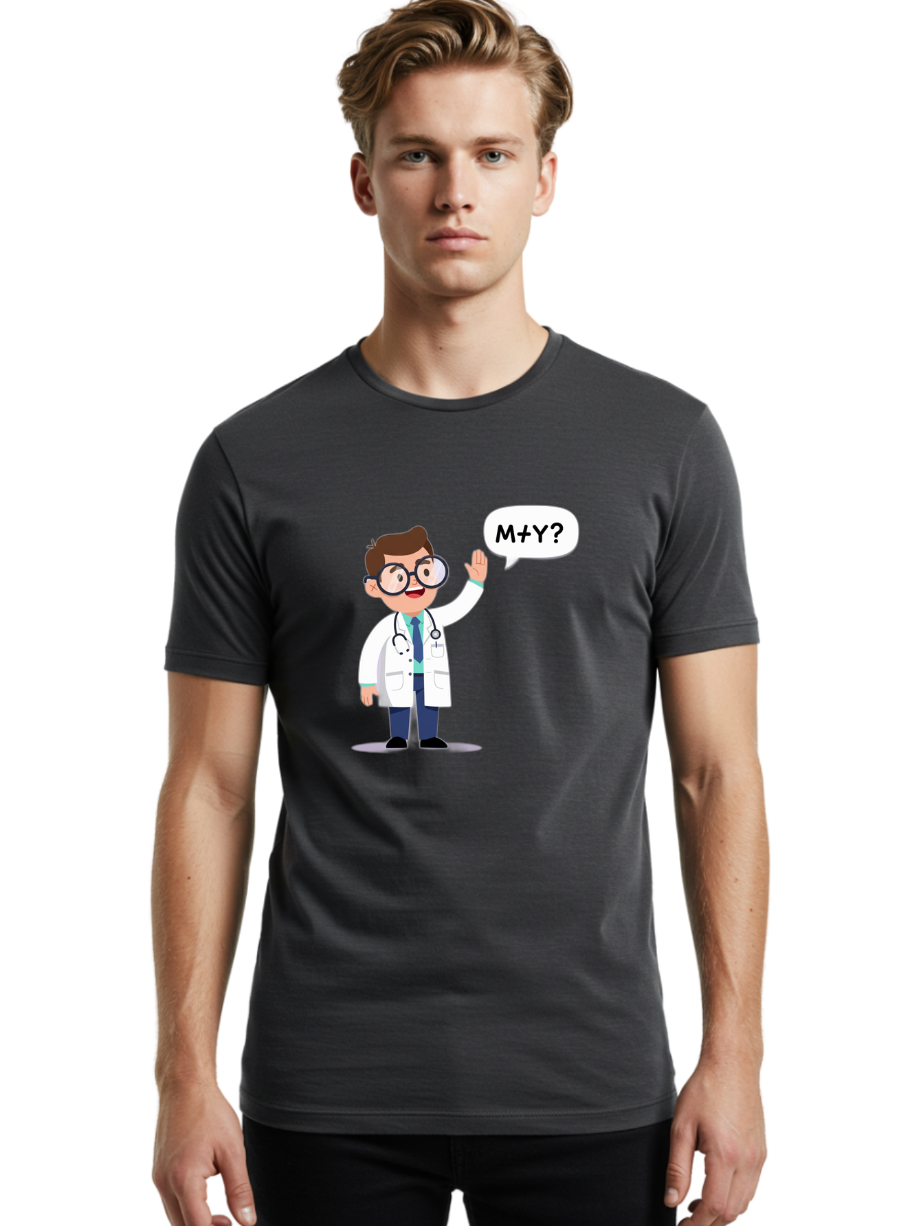 M-Y-Doctor Men'S Graphic Tee, 100% Cotton, Comfortable Casual Summer Wear, Machine Washable, Cartoon Doctor, Medical Professional, Stethoscope, White Coat, Blue Tie, Black Glasses, Waving Hand, Speech Bubble, M+Y?, Doctor Character, Baa935