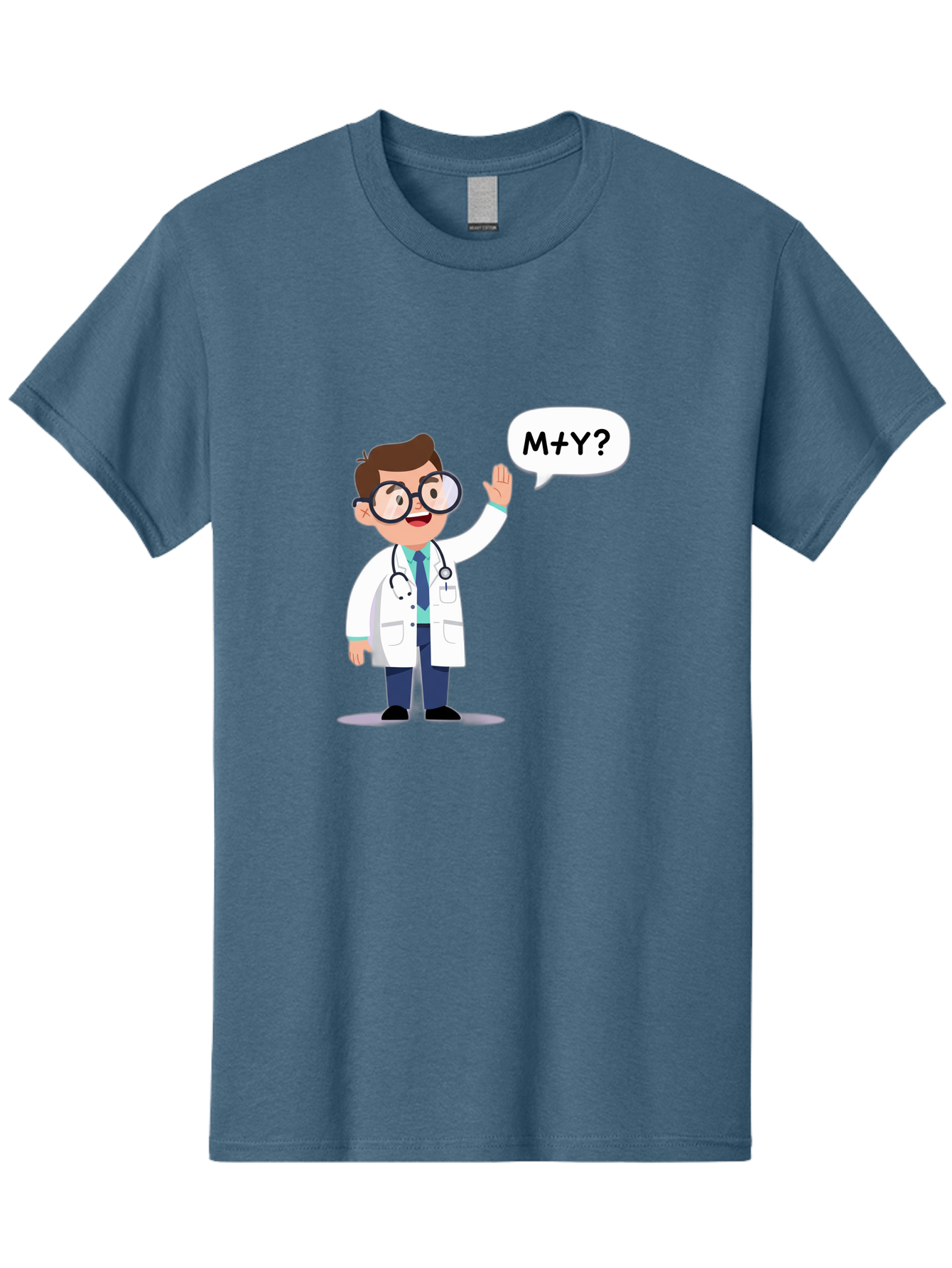 M-Y-Doctor Men'S Graphic Tee, 100% Cotton, Comfortable Casual Summer Wear, Machine Washable, Cartoon Doctor, Medical Professional, Stethoscope, White Coat, Blue Tie, Black Glasses, Waving Hand, Speech Bubble, M+Y?, Doctor Character, Baa935