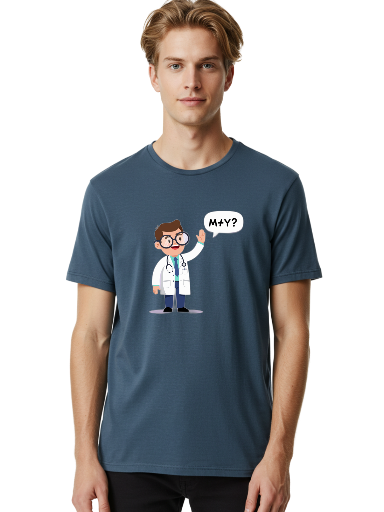 M-Y-Doctor Men'S Graphic Tee, 100% Cotton, Comfortable Casual Summer Wear, Machine Washable, Cartoon Doctor, Medical Professional, Stethoscope, White Coat, Blue Tie, Black Glasses, Waving Hand, Speech Bubble, M+Y?, Doctor Character, Baa935