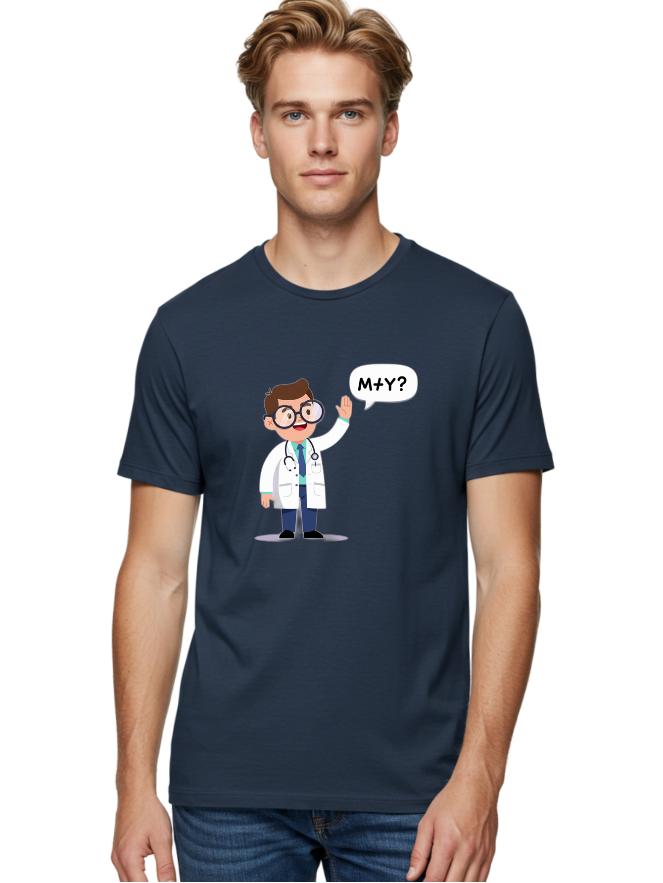 M-Y-Doctor Men'S Graphic Tee, 100% Cotton, Comfortable Casual Summer Wear, Machine Washable, Cartoon Doctor, Medical Professional, Stethoscope, White Coat, Blue Tie, Black Glasses, Waving Hand, Speech Bubble, M+Y?, Doctor Character, Baa935