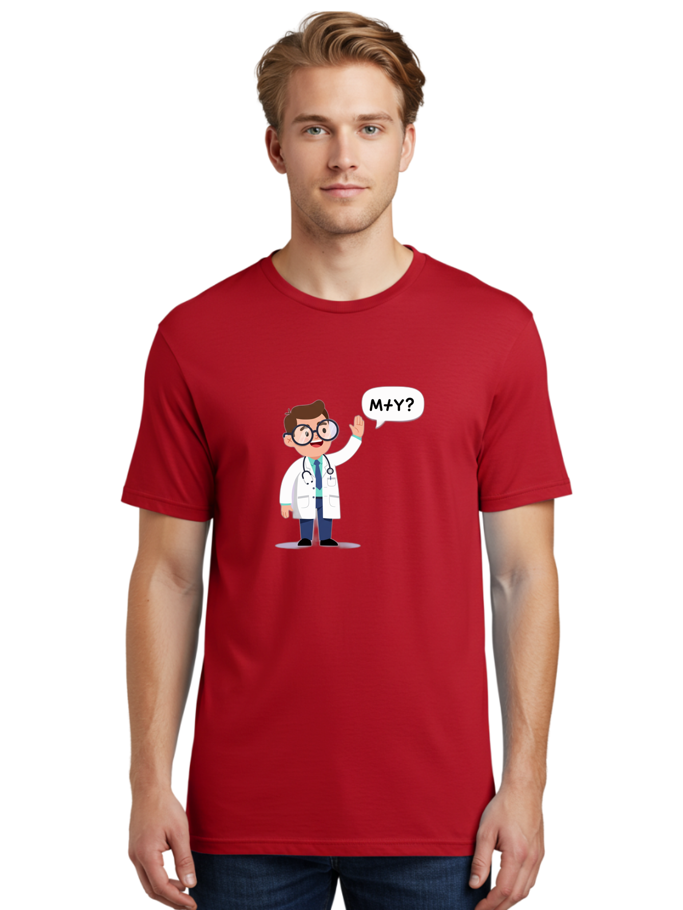 M-Y-Doctor Men'S Graphic Tee, 100% Cotton, Comfortable Casual Summer Wear, Machine Washable, Cartoon Doctor, Medical Professional, Stethoscope, White Coat, Blue Tie, Black Glasses, Waving Hand, Speech Bubble, M+Y?, Doctor Character, Baa935