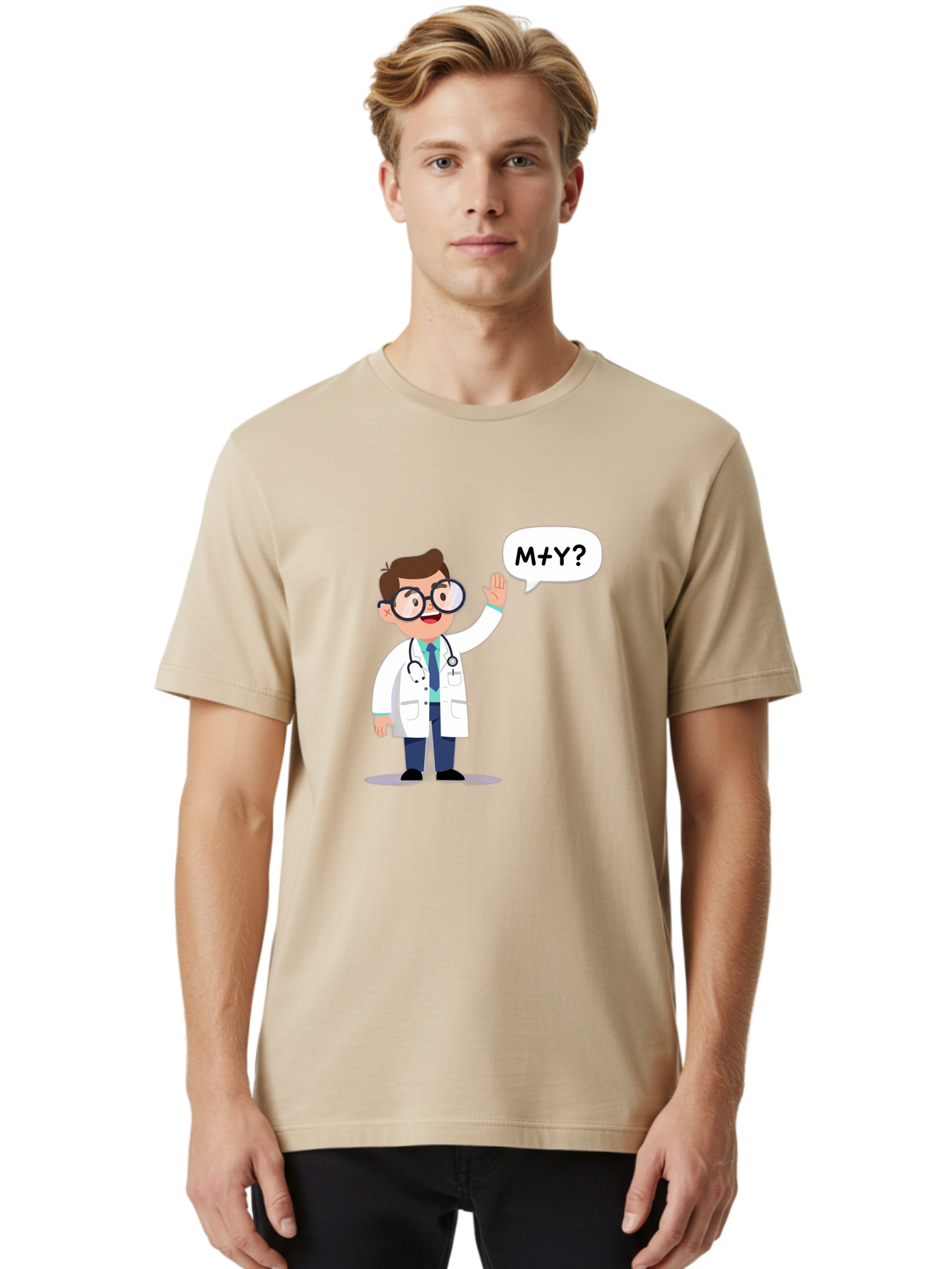 M-Y-Doctor Men'S Graphic Tee, 100% Cotton, Comfortable Casual Summer Wear, Machine Washable, Cartoon Doctor, Medical Professional, Stethoscope, White Coat, Blue Tie, Black Glasses, Waving Hand, Speech Bubble, M+Y?, Doctor Character, Baa935