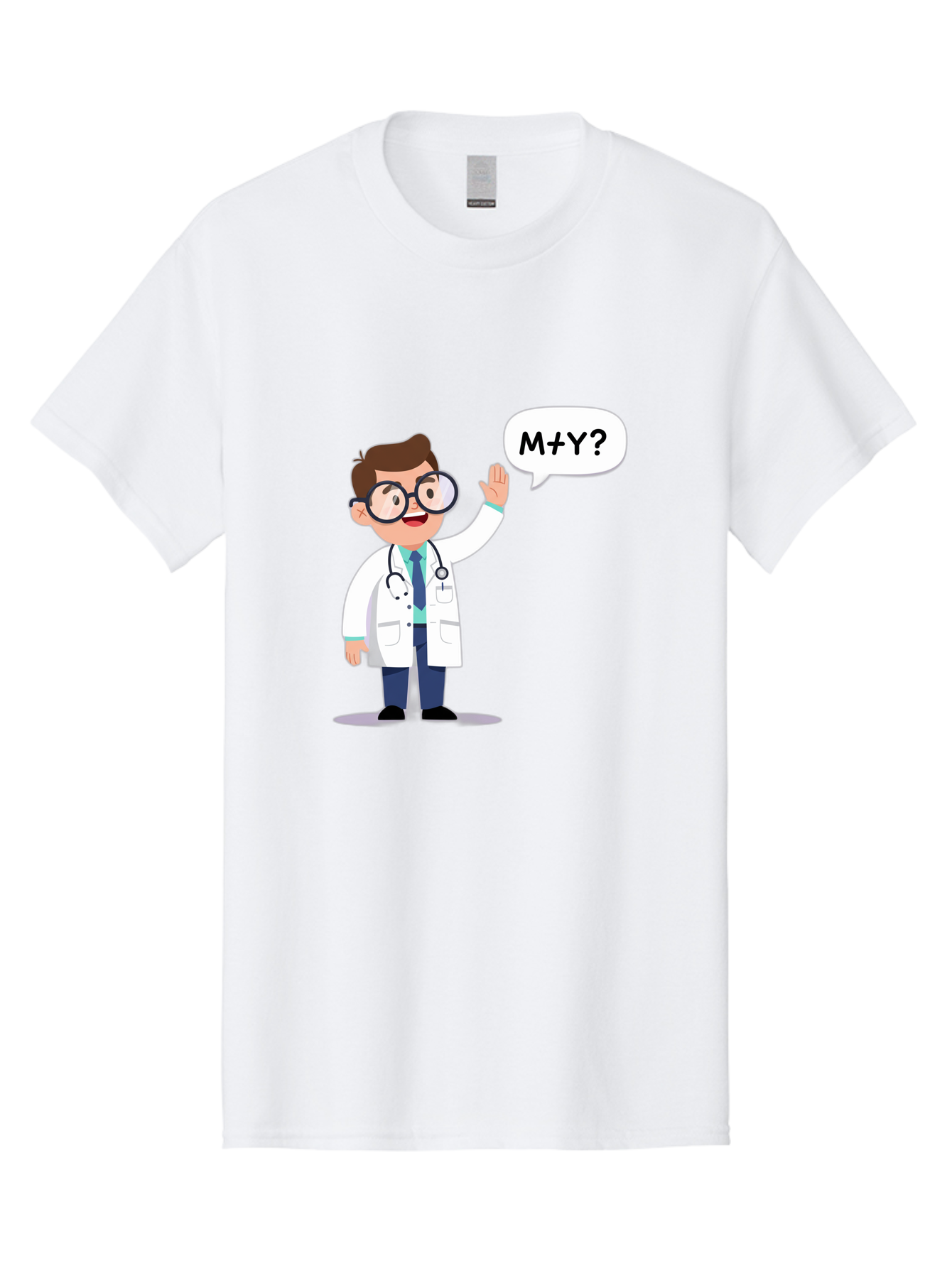 M-Y-Doctor Men'S Graphic Tee, 100% Cotton, Comfortable Casual Summer Wear, Machine Washable, Cartoon Doctor, Medical Professional, Stethoscope, White Coat, Blue Tie, Black Glasses, Waving Hand, Speech Bubble, M+Y?, Doctor Character, Baa935