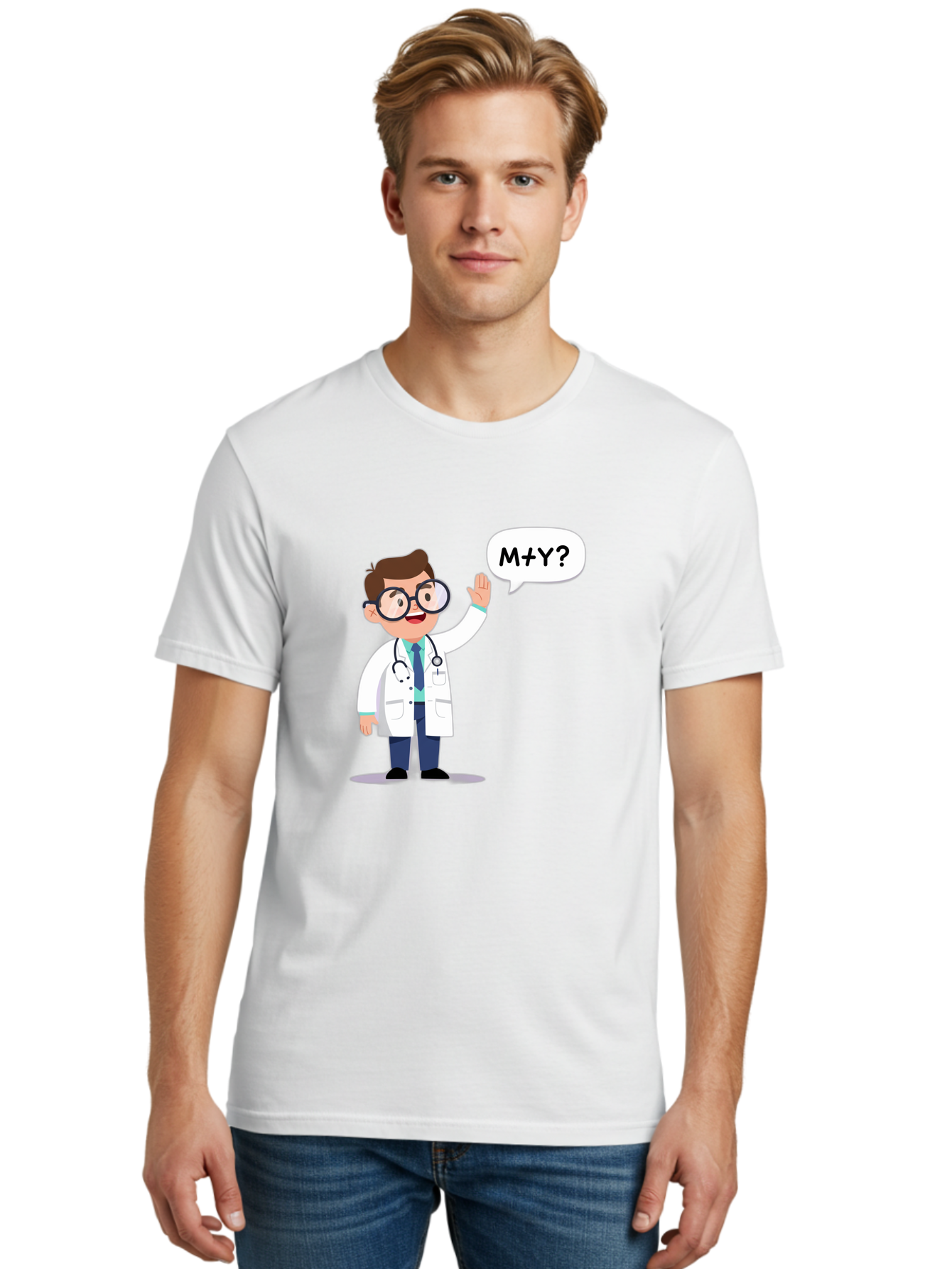 M-Y-Doctor Men'S Graphic Tee, 100% Cotton, Comfortable Casual Summer Wear, Machine Washable, Cartoon Doctor, Medical Professional, Stethoscope, White Coat, Blue Tie, Black Glasses, Waving Hand, Speech Bubble, M+Y?, Doctor Character, Baa935