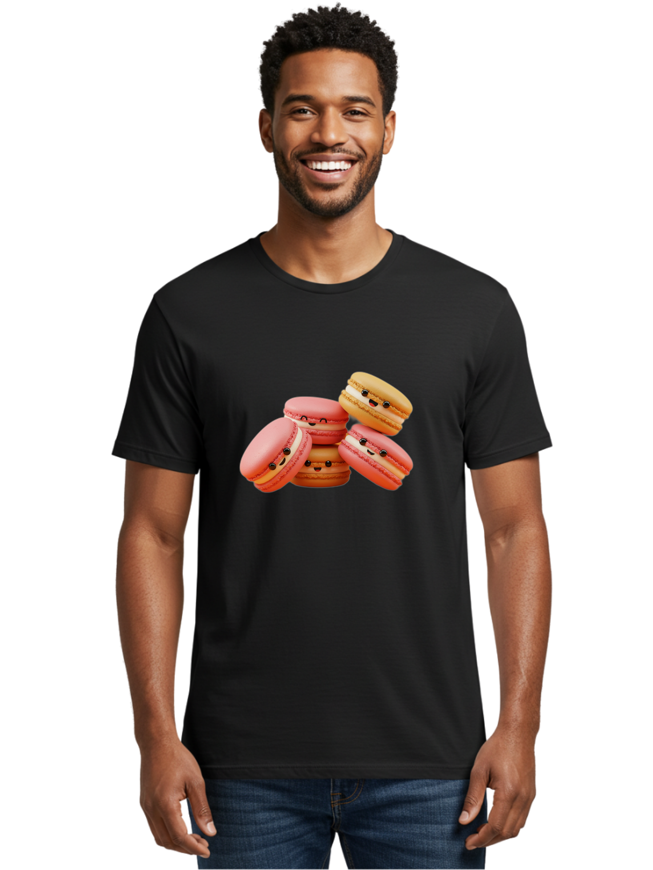 Macaron-Faces Men'S Graphic Tee, 100% Cotton, Comfortable Casual Summer Wear, Machine Washable, Pink Macarons, Smiling Faces, Cartoon-Style Desserts, Adorable Treats, French Patisserie, Sweet Delights, Happy Emotions, Cute Pastries, Baa936