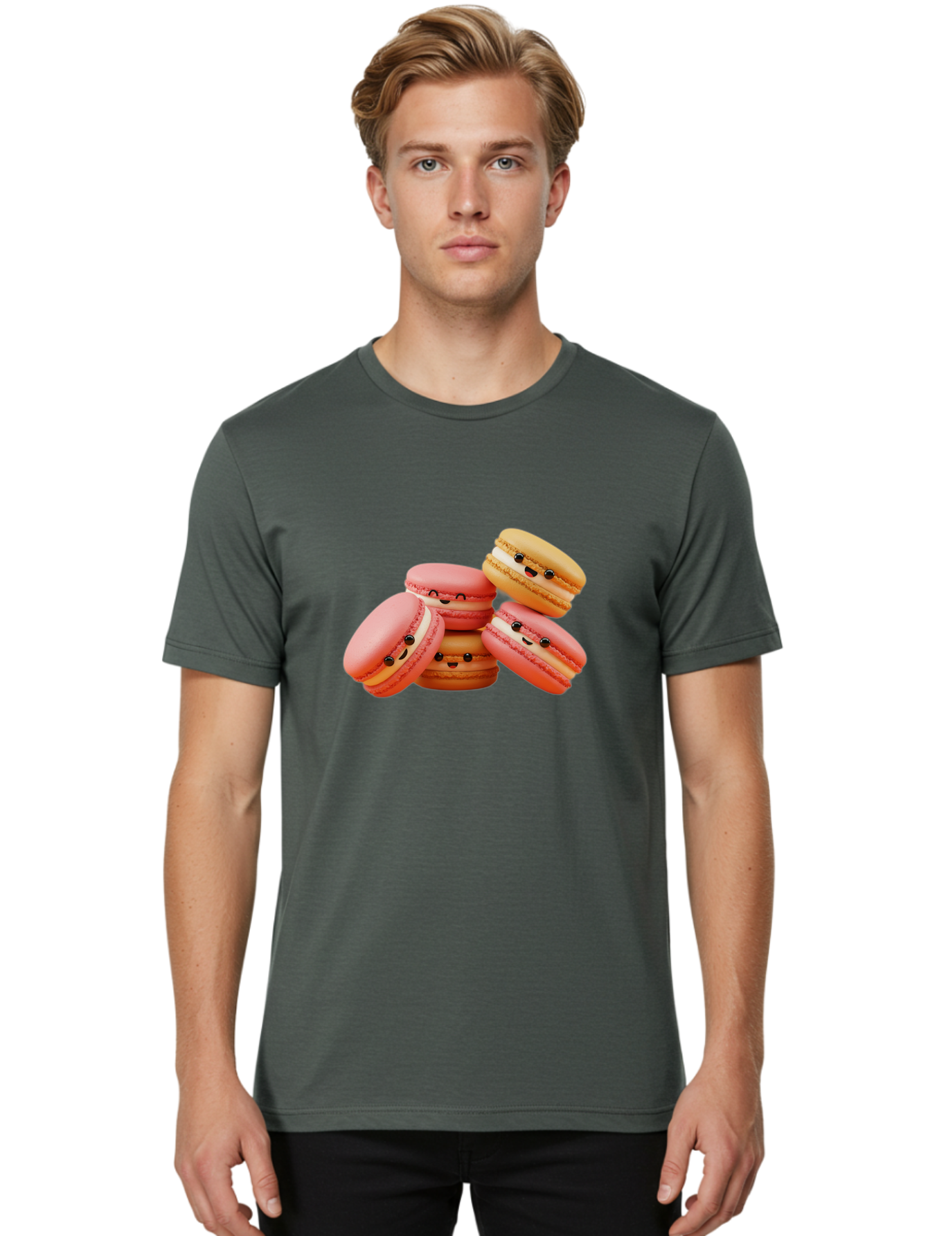 Macaron-Faces Men'S Graphic Tee, 100% Cotton, Comfortable Casual Summer Wear, Machine Washable, Pink Macarons, Smiling Faces, Cartoon-Style Desserts, Adorable Treats, French Patisserie, Sweet Delights, Happy Emotions, Cute Pastries, Baa936