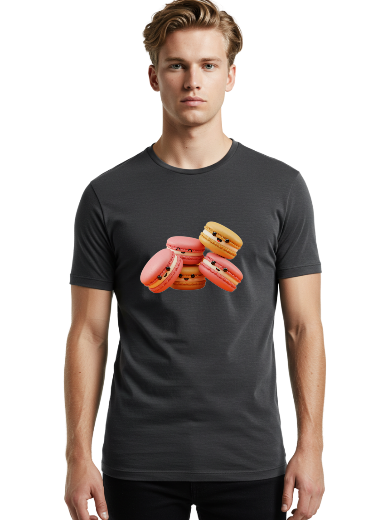 Macaron-Faces Men'S Graphic Tee, 100% Cotton, Comfortable Casual Summer Wear, Machine Washable, Pink Macarons, Smiling Faces, Cartoon-Style Desserts, Adorable Treats, French Patisserie, Sweet Delights, Happy Emotions, Cute Pastries, Baa936