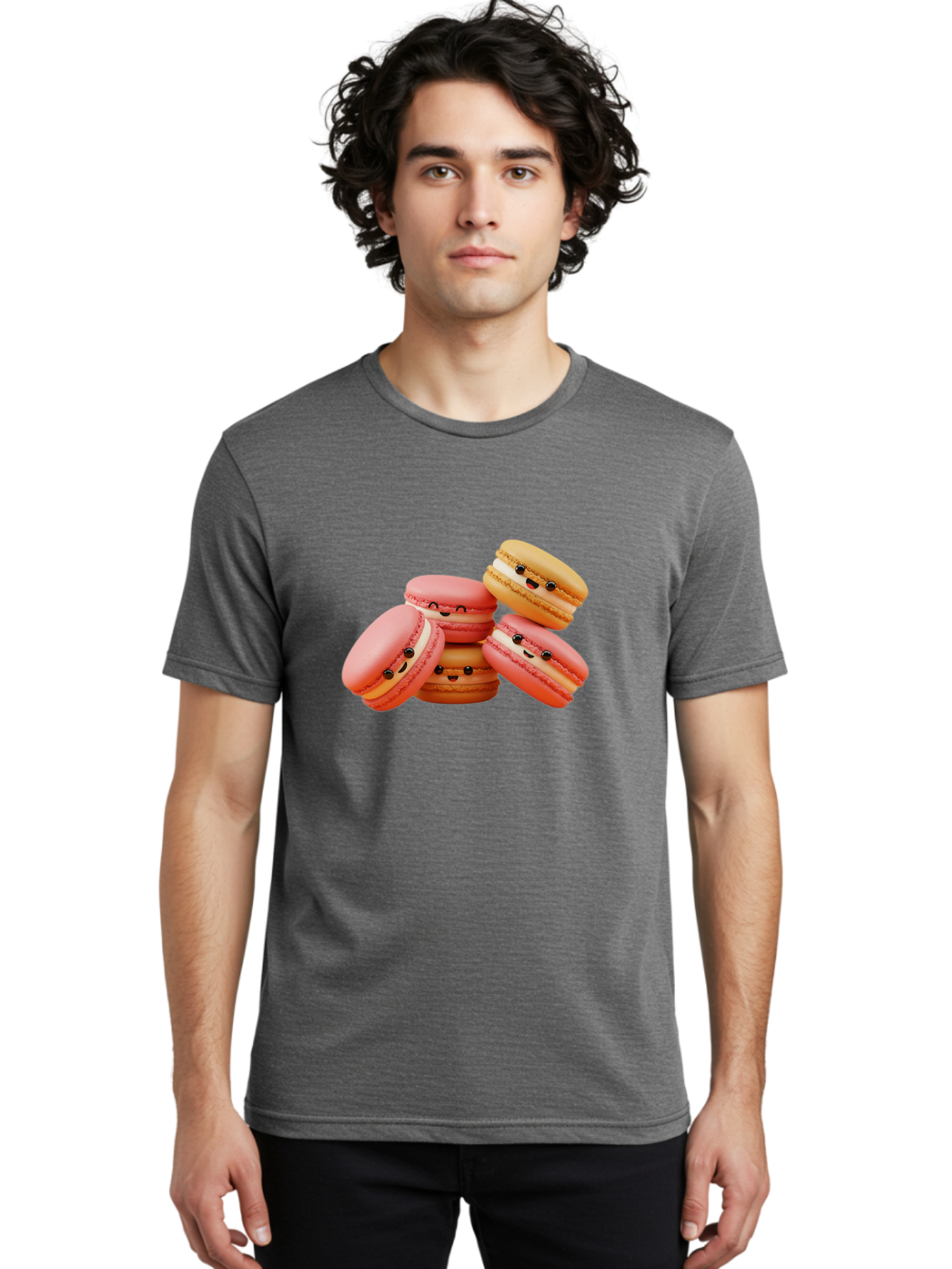 Macaron-Faces Men'S Graphic Tee, 100% Cotton, Comfortable Casual Summer Wear, Machine Washable, Pink Macarons, Smiling Faces, Cartoon-Style Desserts, Adorable Treats, French Patisserie, Sweet Delights, Happy Emotions, Cute Pastries, Baa936