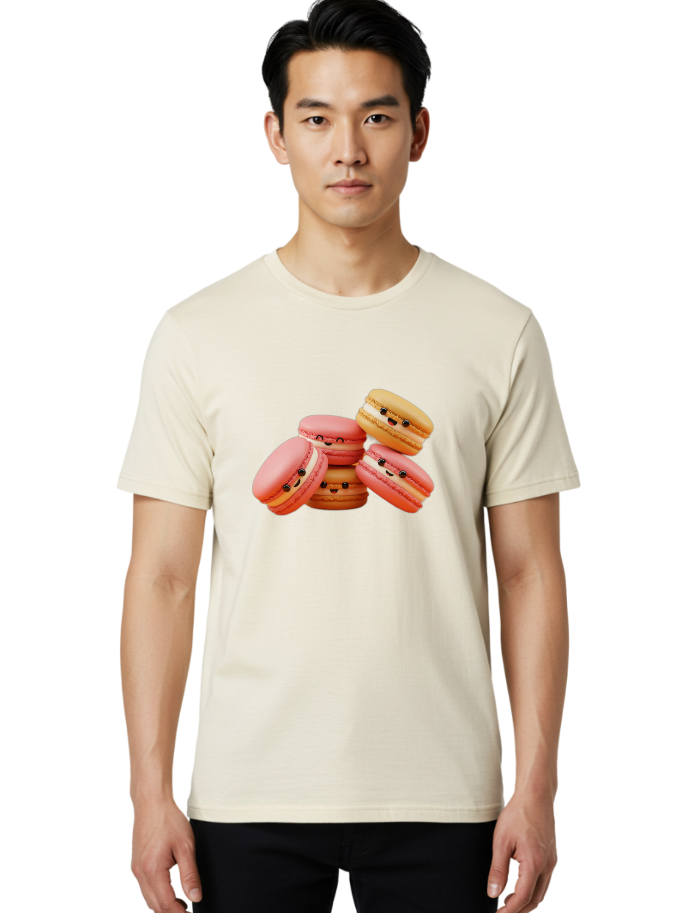 Macaron-Faces Men'S Graphic Tee, 100% Cotton, Comfortable Casual Summer Wear, Machine Washable, Pink Macarons, Smiling Faces, Cartoon-Style Desserts, Adorable Treats, French Patisserie, Sweet Delights, Happy Emotions, Cute Pastries, Baa936