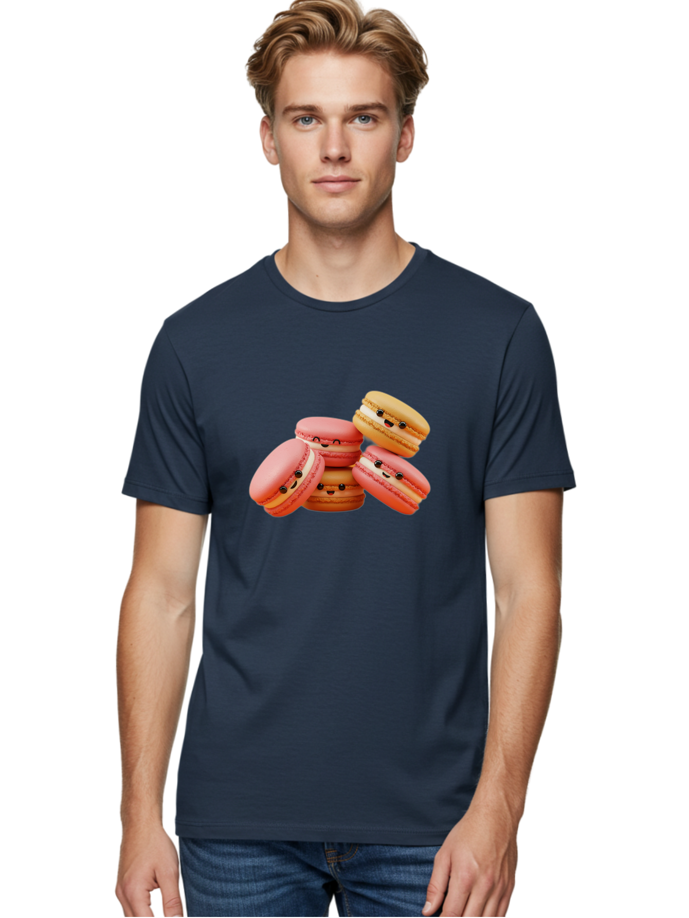 Macaron-Faces Men'S Graphic Tee, 100% Cotton, Comfortable Casual Summer Wear, Machine Washable, Pink Macarons, Smiling Faces, Cartoon-Style Desserts, Adorable Treats, French Patisserie, Sweet Delights, Happy Emotions, Cute Pastries, Baa936