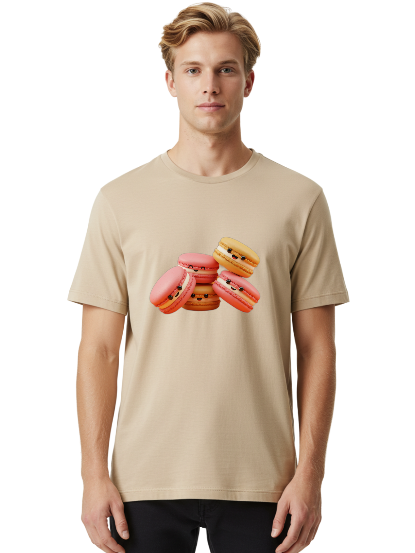 Macaron-Faces Men'S Graphic Tee, 100% Cotton, Comfortable Casual Summer Wear, Machine Washable, Pink Macarons, Smiling Faces, Cartoon-Style Desserts, Adorable Treats, French Patisserie, Sweet Delights, Happy Emotions, Cute Pastries, Baa936