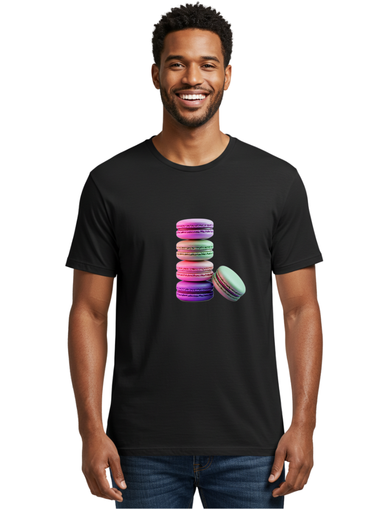 Macaron-Tower-1 Men'S Graphic Tee, 100% Cotton, Comfortable Casual Summer Wear, Machine Washable, Stacked Macarons, Colorful Treats, French Desserts, Sweet Indulgences, Pastel Colors, Layered Cookies, Creamy Fillings, Dessert Photography Baa939