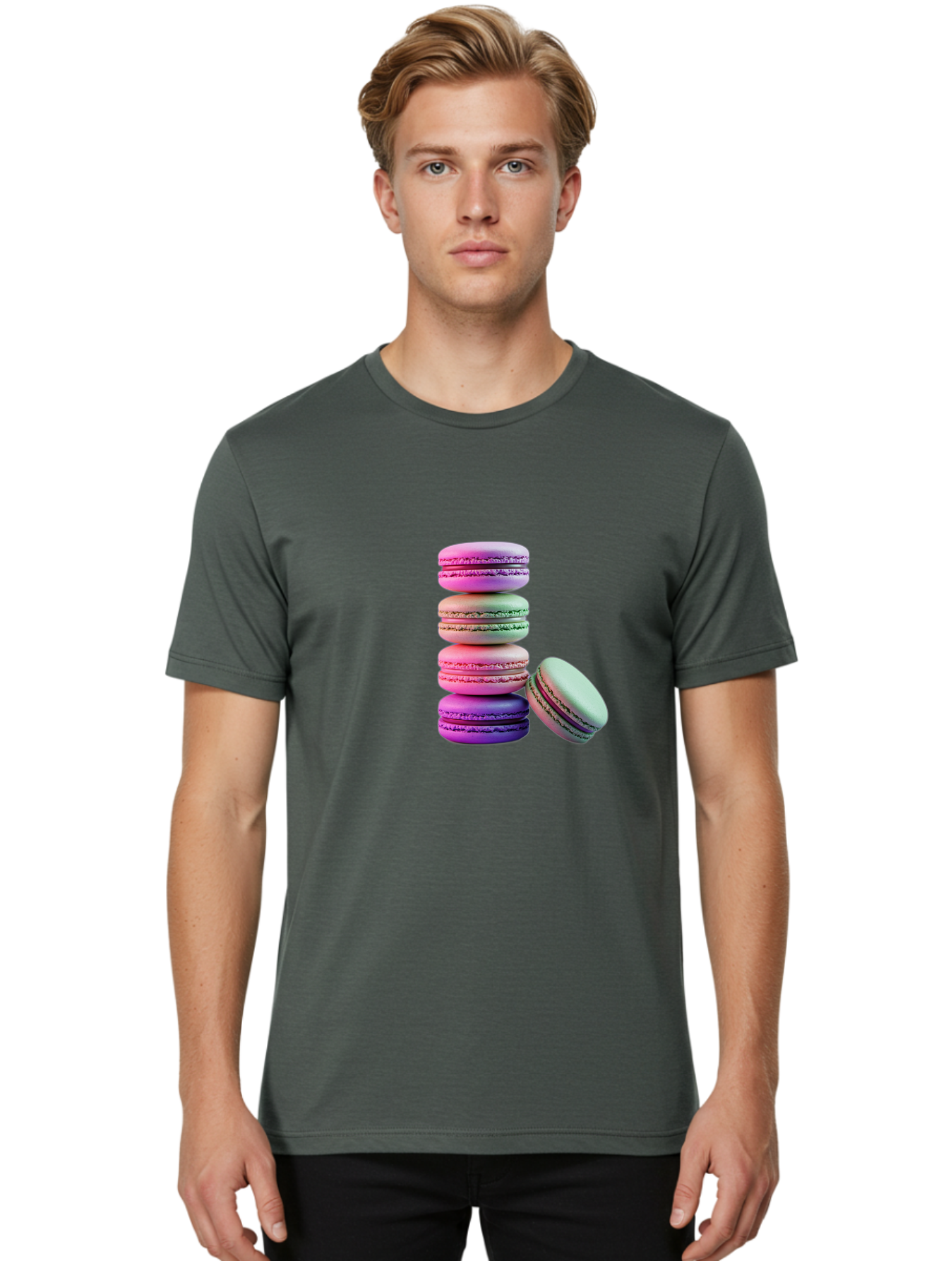Macaron-Tower-1 Men'S Graphic Tee, 100% Cotton, Comfortable Casual Summer Wear, Machine Washable, Stacked Macarons, Colorful Treats, French Desserts, Sweet Indulgences, Pastel Colors, Layered Cookies, Creamy Fillings, Dessert Photography Baa939