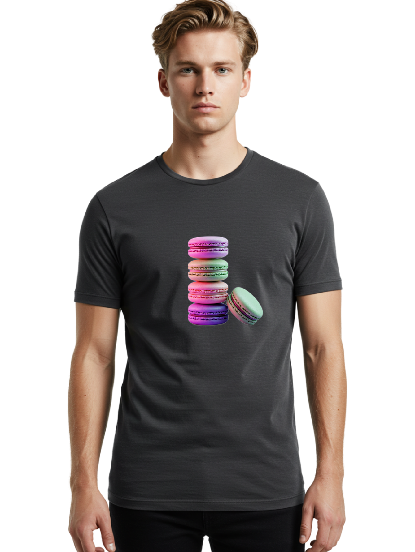 Macaron-Tower-1 Men'S Graphic Tee, 100% Cotton, Comfortable Casual Summer Wear, Machine Washable, Stacked Macarons, Colorful Treats, French Desserts, Sweet Indulgences, Pastel Colors, Layered Cookies, Creamy Fillings, Dessert Photography Baa939