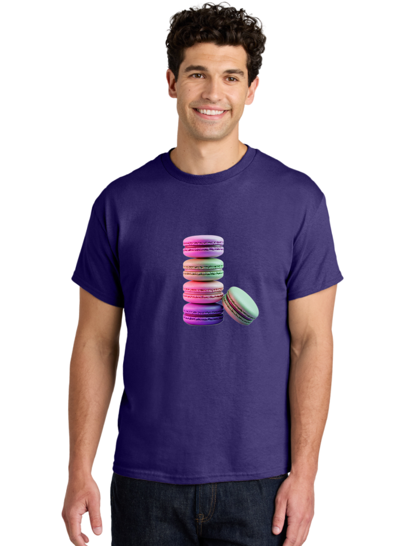 Macaron-Tower-1 Men'S Graphic Tee, 100% Cotton, Comfortable Casual Summer Wear, Machine Washable, Stacked Macarons, Colorful Treats, French Desserts, Sweet Indulgences, Pastel Colors, Layered Cookies, Creamy Fillings, Dessert Photography Baa939