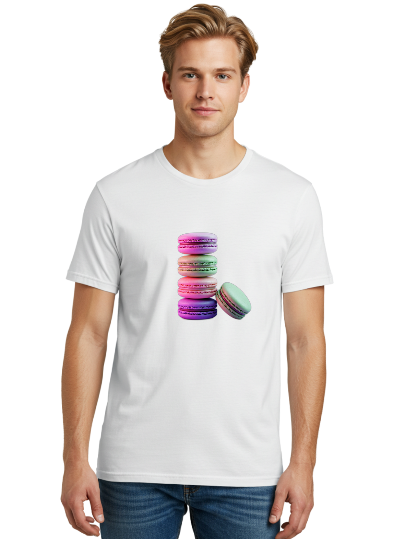 Macaron-Tower-1 Men'S Graphic Tee, 100% Cotton, Comfortable Casual Summer Wear, Machine Washable, Stacked Macarons, Colorful Treats, French Desserts, Sweet Indulgences, Pastel Colors, Layered Cookies, Creamy Fillings, Dessert Photography Baa939