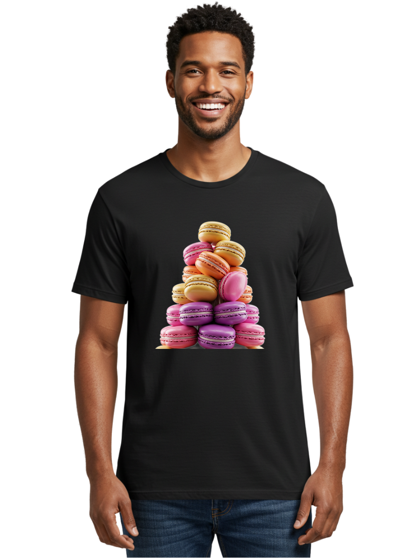 Macaron-Tower-2 Men'S Graphic Tee, 100% Cotton, Comfortable Casual Summer Wear, Machine Washable, Stack Of Macarons, Colorful Macarons, Pastel Colors, Dessert Display, Sweet Treats, French Patisserie, Macaron Stack, Pastel Pink, Purple, Baa940