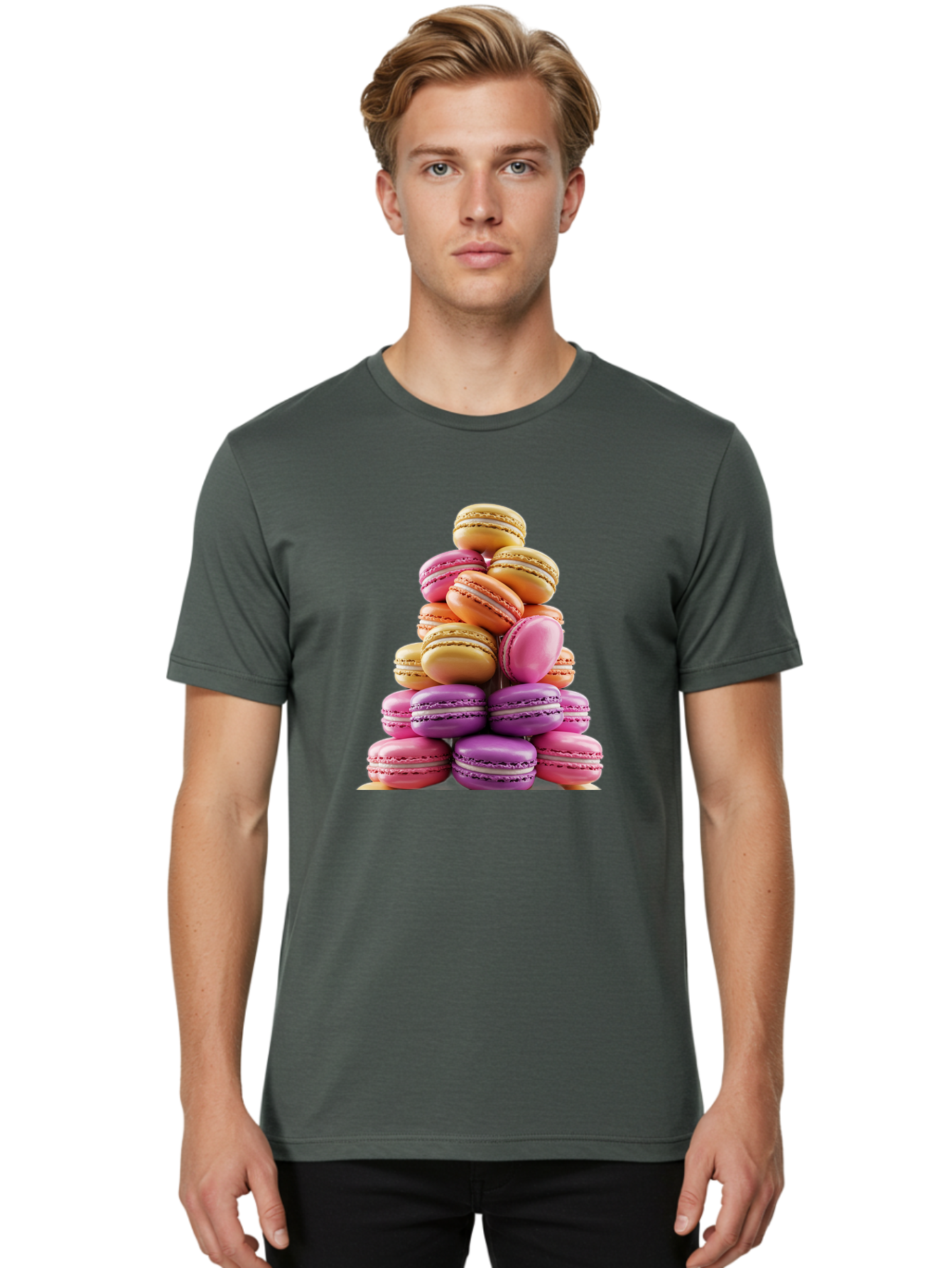 Macaron-Tower-2 Men'S Graphic Tee, 100% Cotton, Comfortable Casual Summer Wear, Machine Washable, Stack Of Macarons, Colorful Macarons, Pastel Colors, Dessert Display, Sweet Treats, French Patisserie, Macaron Stack, Pastel Pink, Purple, Baa940