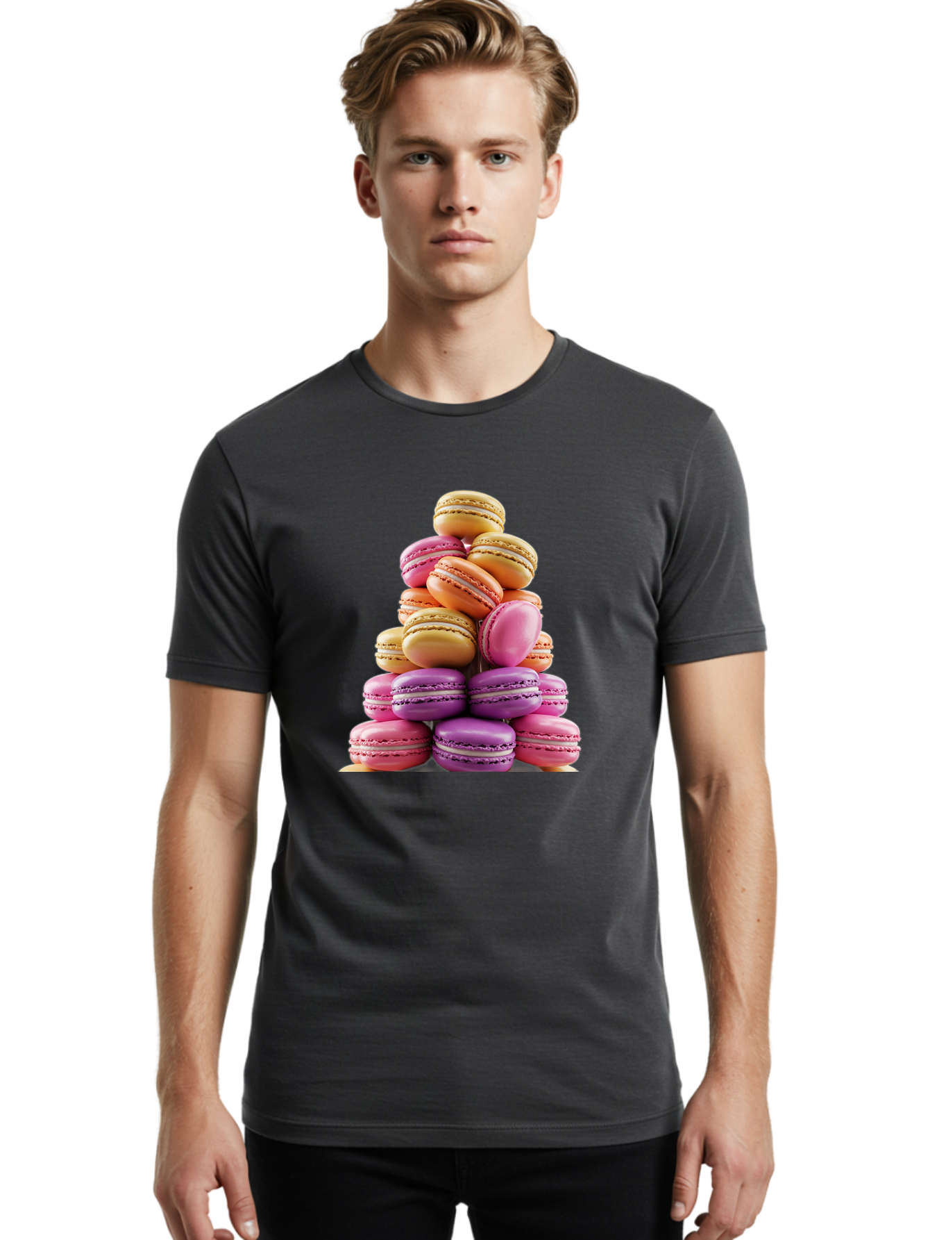 Macaron-Tower-2 Men'S Graphic Tee, 100% Cotton, Comfortable Casual Summer Wear, Machine Washable, Stack Of Macarons, Colorful Macarons, Pastel Colors, Dessert Display, Sweet Treats, French Patisserie, Macaron Stack, Pastel Pink, Purple, Baa940