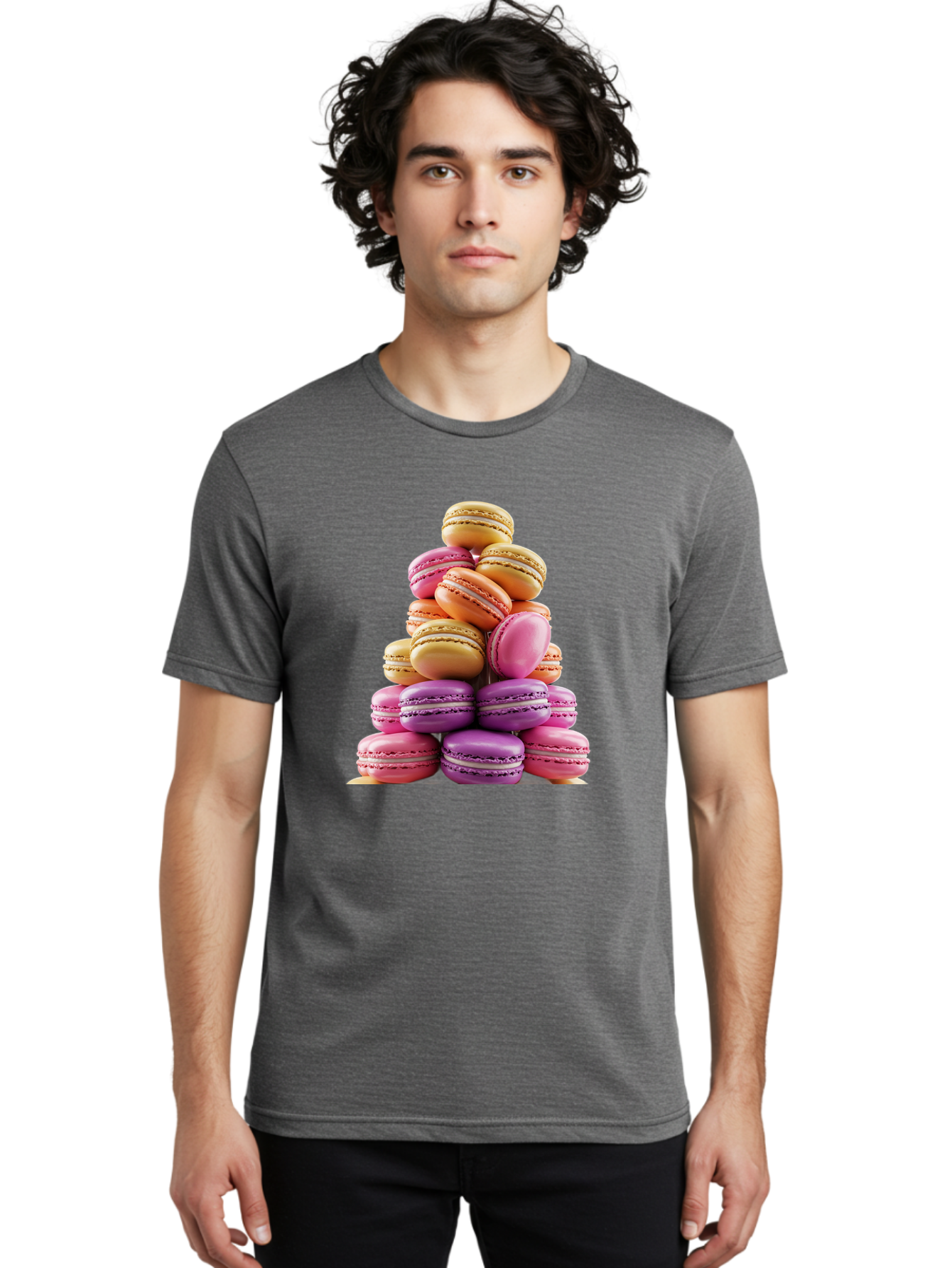 Macaron-Tower-2 Men'S Graphic Tee, 100% Cotton, Comfortable Casual Summer Wear, Machine Washable, Stack Of Macarons, Colorful Macarons, Pastel Colors, Dessert Display, Sweet Treats, French Patisserie, Macaron Stack, Pastel Pink, Purple, Baa940