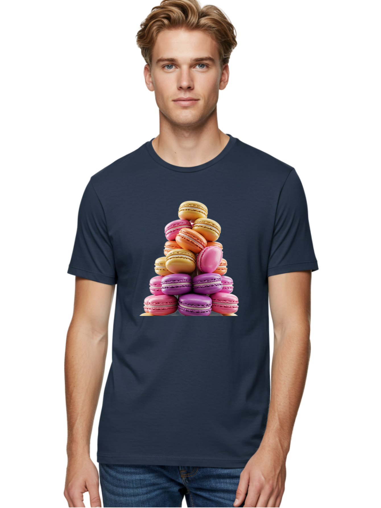 Macaron-Tower-2 Men'S Graphic Tee, 100% Cotton, Comfortable Casual Summer Wear, Machine Washable, Stack Of Macarons, Colorful Macarons, Pastel Colors, Dessert Display, Sweet Treats, French Patisserie, Macaron Stack, Pastel Pink, Purple, Baa940