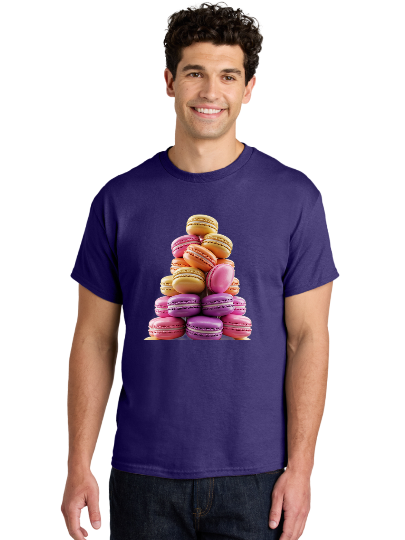 Macaron-Tower-2 Men'S Graphic Tee, 100% Cotton, Comfortable Casual Summer Wear, Machine Washable, Stack Of Macarons, Colorful Macarons, Pastel Colors, Dessert Display, Sweet Treats, French Patisserie, Macaron Stack, Pastel Pink, Purple, Baa940