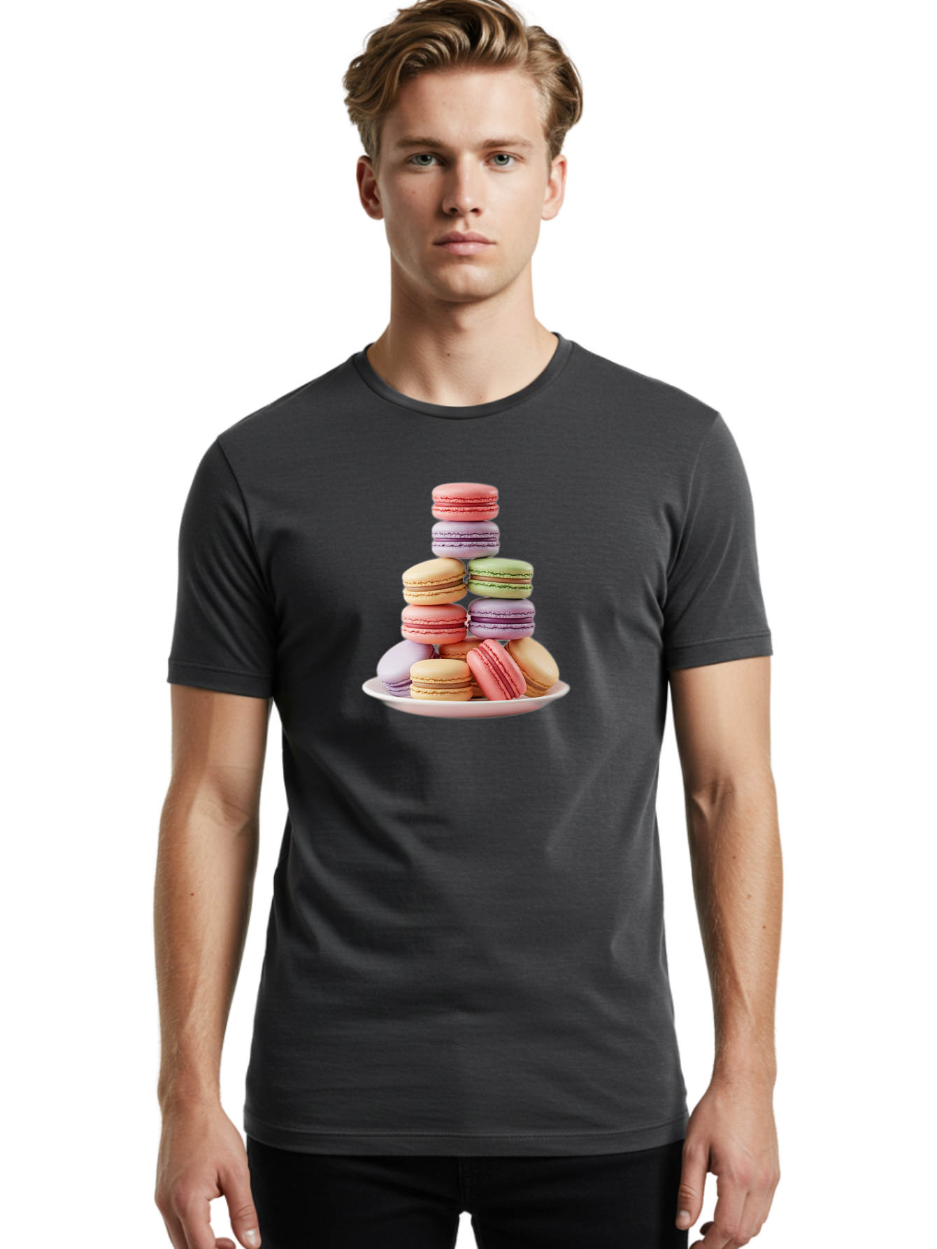 Macaron-Tower Men'S Graphic Tee, 100% Cotton, Comfortable Casual Summer Wear, Machine Washable, Colorful Macarons, Pastel Colors, Dessert Tower, French Patisserie, Sweet Treats, Macaron Stack, Vibrant Hues, Delicate Meringue, Baked Goods, Baa941