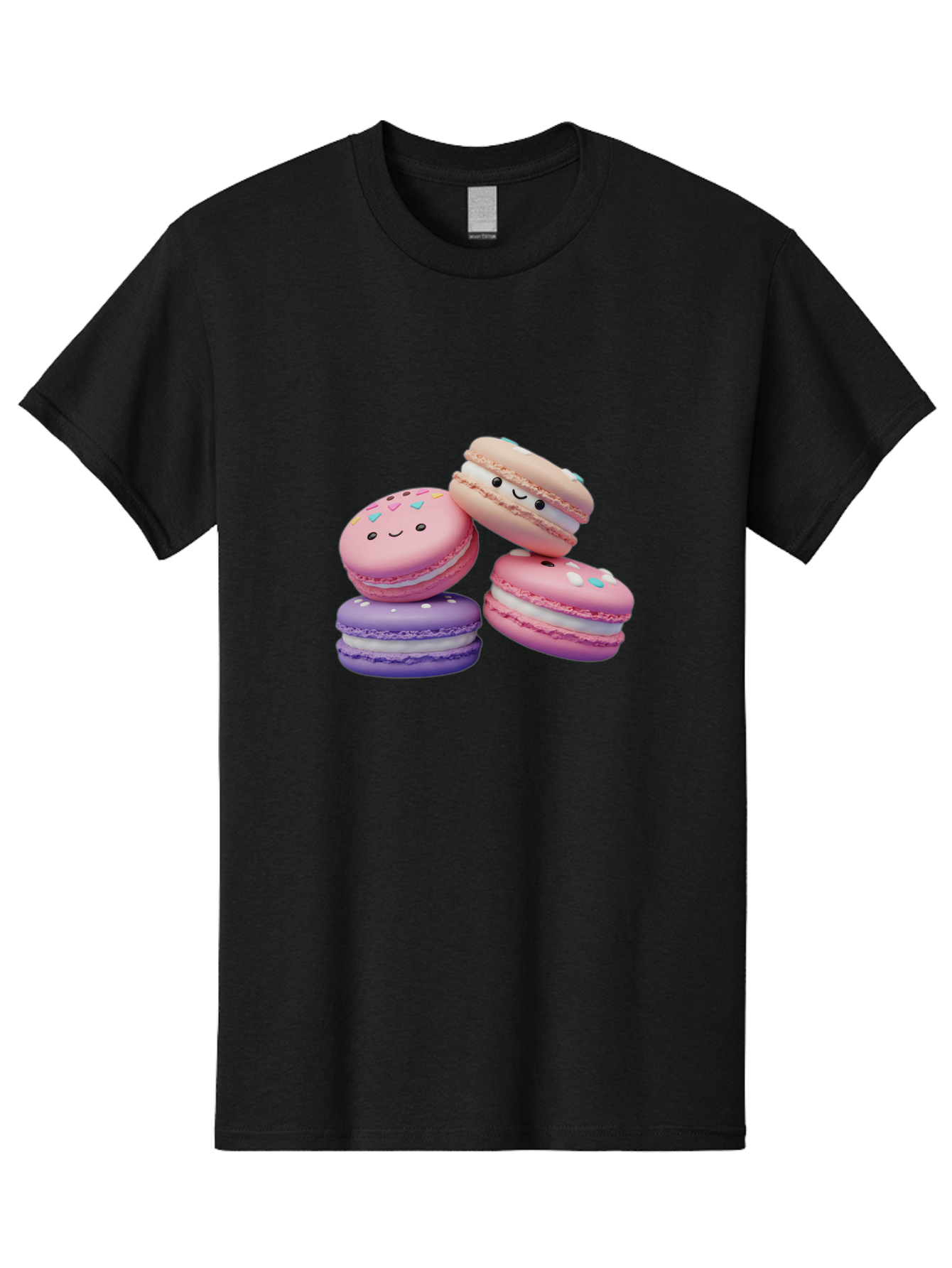 Macarons-1 Men'S Graphic Tee, 100% Cotton, Comfortable Casual Summer Wear, Machine Washable, Colorful Macarons, Pink Macarons, Purple Macarons, White Filling, Cute Faces, Cartoon Desserts, Sweet Treats, Pastel Colors, Desserts With Faces, Baa943