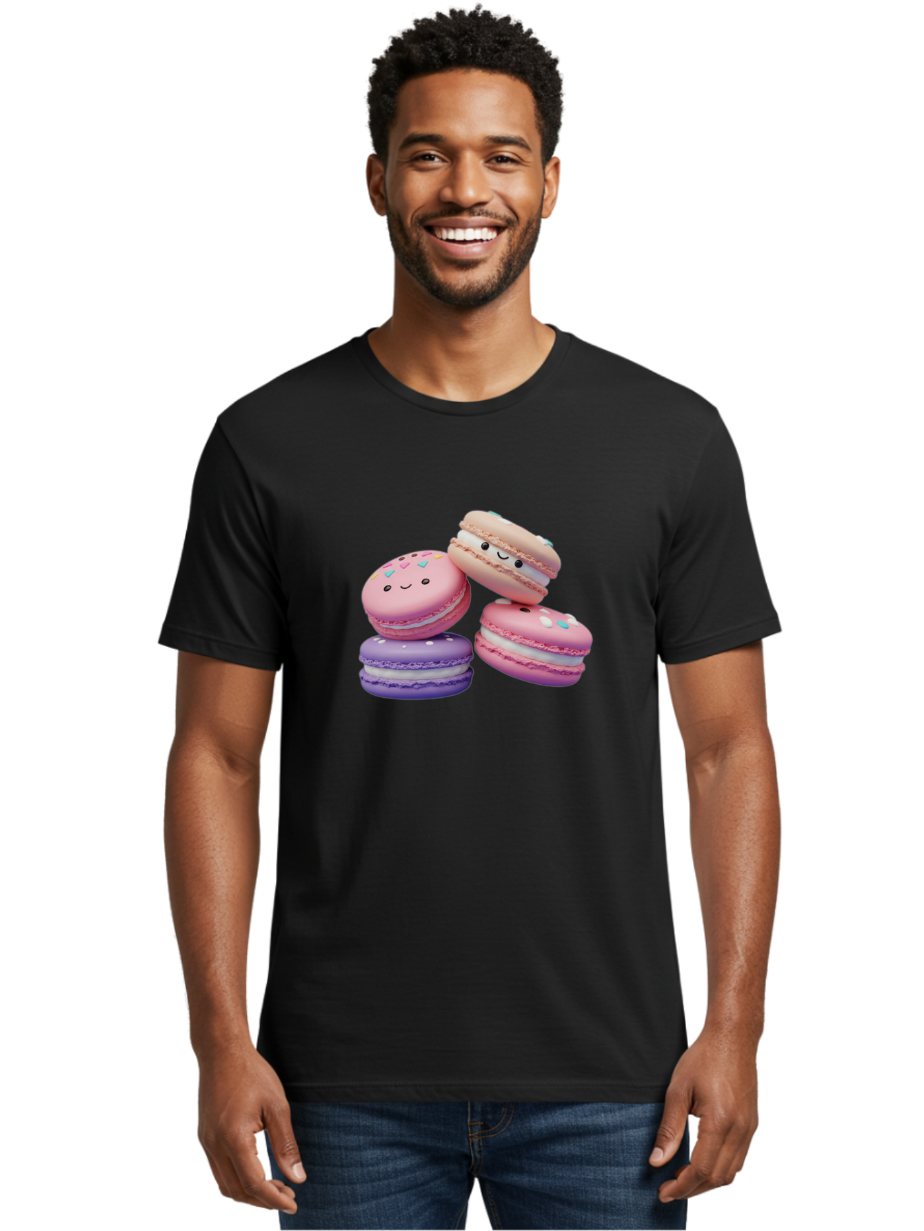 Macarons-1 Men'S Graphic Tee, 100% Cotton, Comfortable Casual Summer Wear, Machine Washable, Colorful Macarons, Pink Macarons, Purple Macarons, White Filling, Cute Faces, Cartoon Desserts, Sweet Treats, Pastel Colors, Desserts With Faces, Baa943