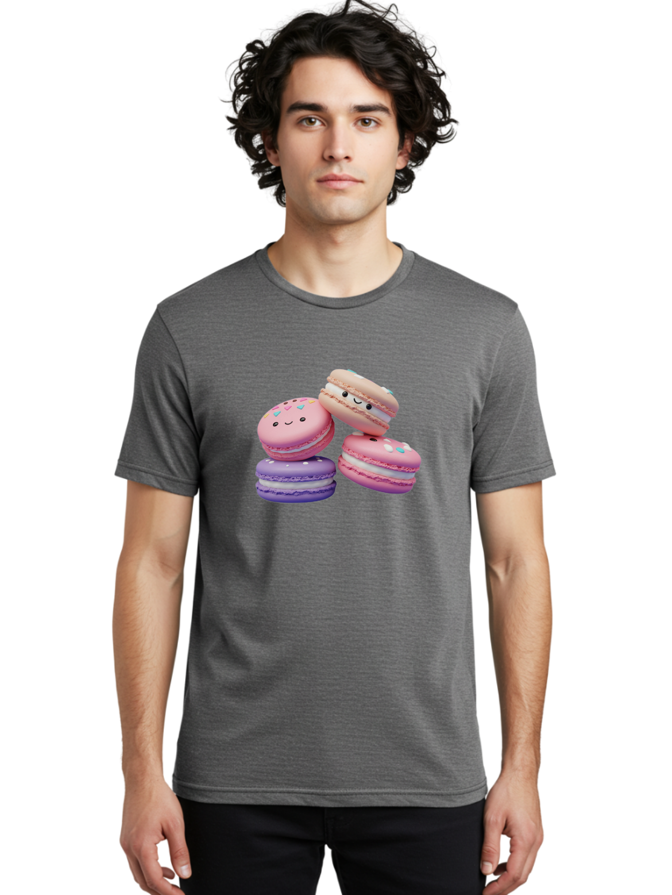 Macarons-1 Men'S Graphic Tee, 100% Cotton, Comfortable Casual Summer Wear, Machine Washable, Colorful Macarons, Pink Macarons, Purple Macarons, White Filling, Cute Faces, Cartoon Desserts, Sweet Treats, Pastel Colors, Desserts With Faces, Baa943