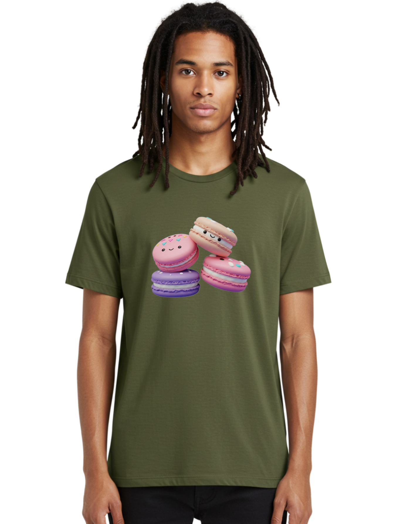 Macarons-1 Men'S Graphic Tee, 100% Cotton, Comfortable Casual Summer Wear, Machine Washable, Colorful Macarons, Pink Macarons, Purple Macarons, White Filling, Cute Faces, Cartoon Desserts, Sweet Treats, Pastel Colors, Desserts With Faces, Baa943