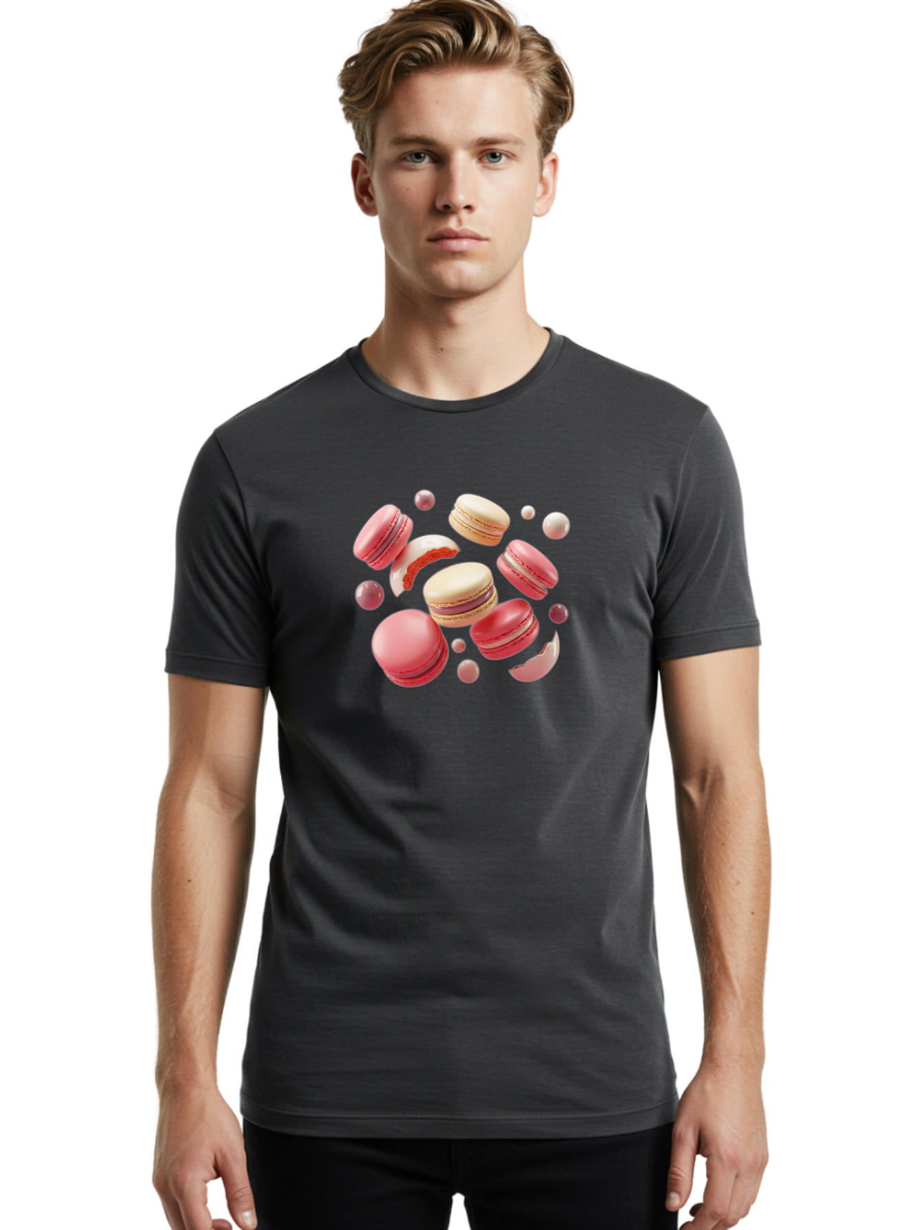 Macarons-10 Men'S Graphic Tee, 100% Cotton, Comfortable Casual Summer Wear, Machine Washable, Pink And White Macarons, Assorted Desserts, Sweet Treats, French Pastries, Macaron Filling, Dessert Art, Food Photography, Sweet Indulgence, Baa944