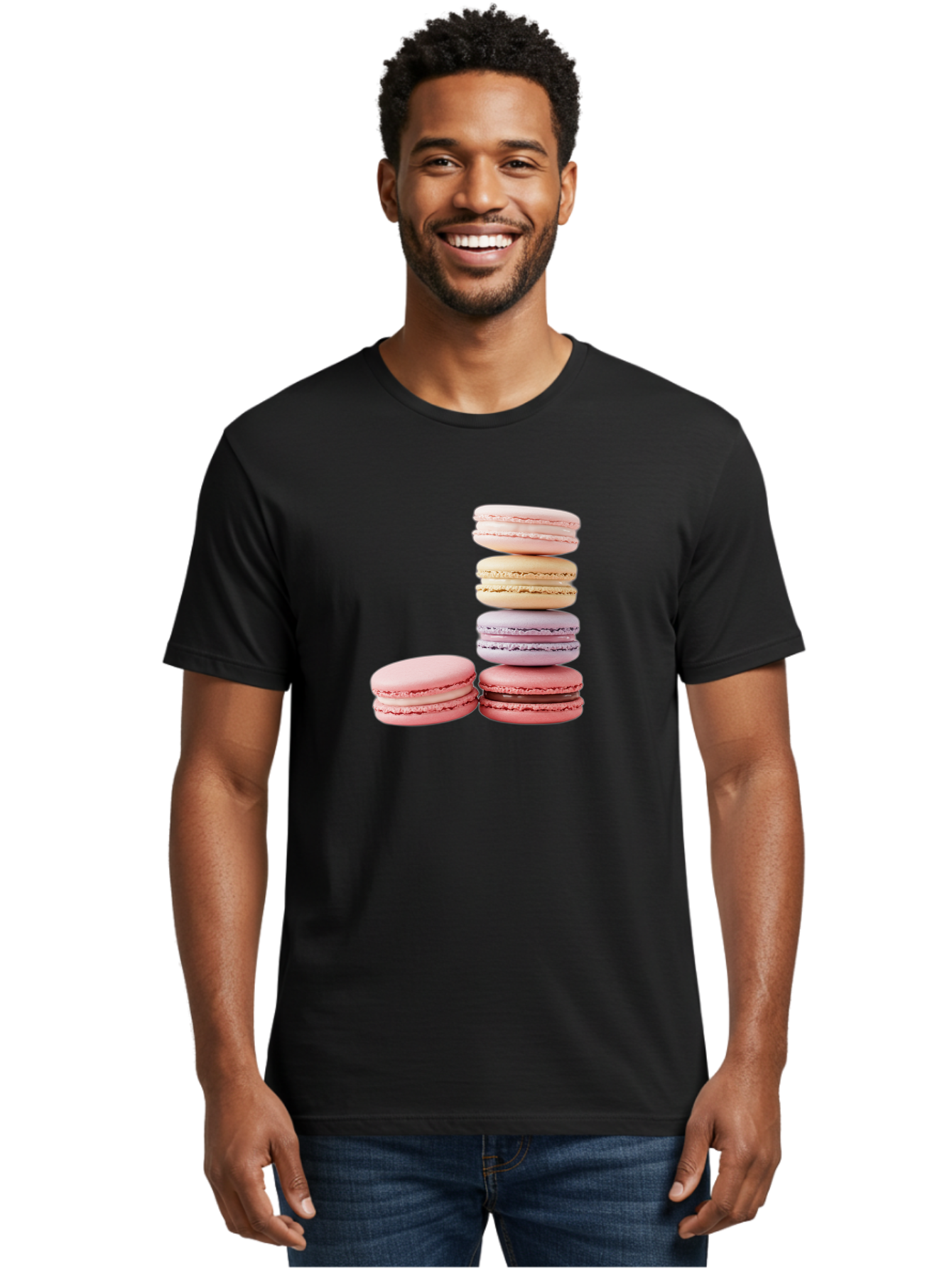 Macarons-3 Men'S Graphic Tee, 100% Cotton, Comfortable Casual Summer Wear, Machine Washable, Stacked Macarons, Pastel Colors, Pink, Purple, Beige, Dessert, Sweet Treats, French Macarons, Delicate Meringue-Based Cookies, Creamy Fillings, Baa947