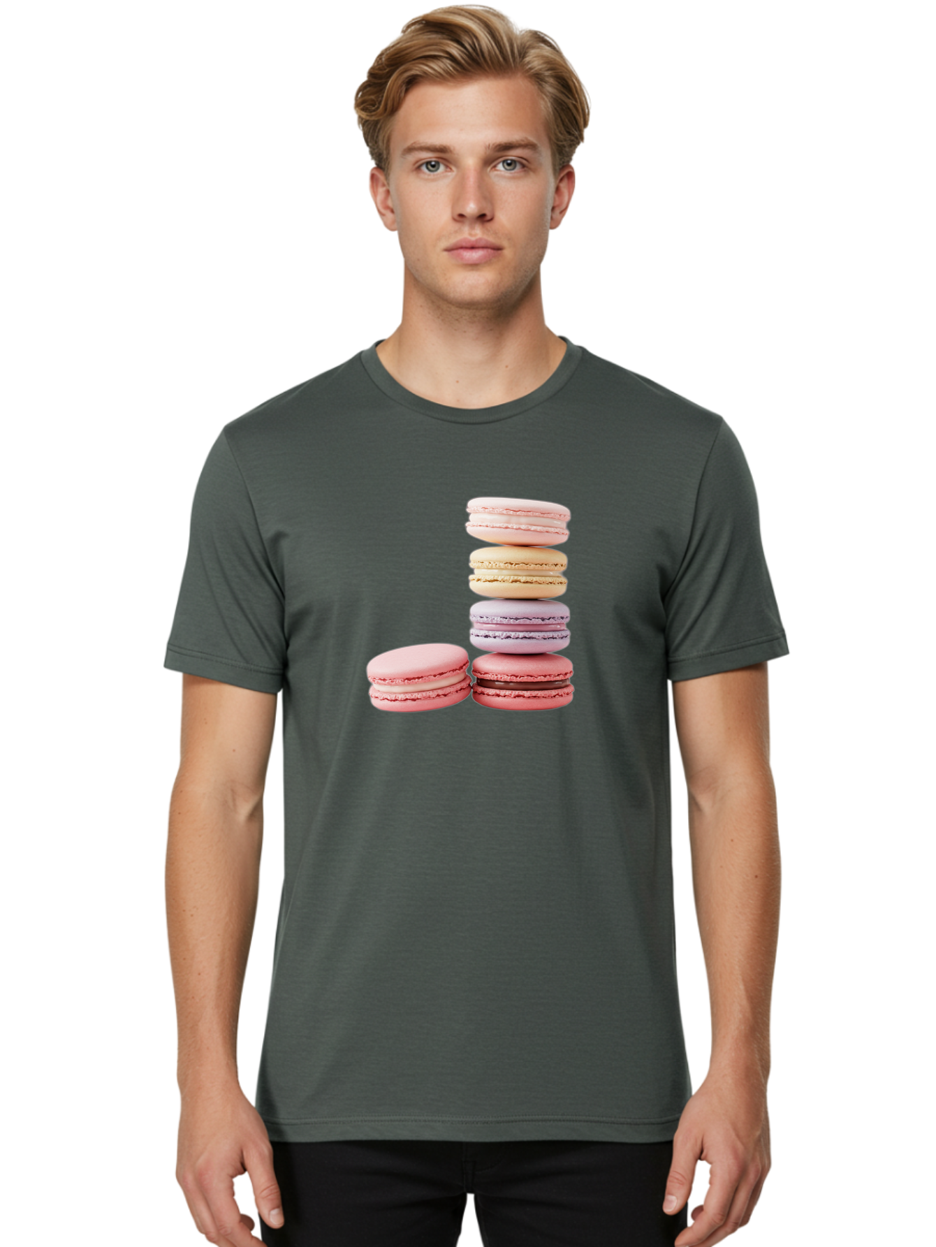 Macarons-3 Men'S Graphic Tee, 100% Cotton, Comfortable Casual Summer Wear, Machine Washable, Stacked Macarons, Pastel Colors, Pink, Purple, Beige, Dessert, Sweet Treats, French Macarons, Delicate Meringue-Based Cookies, Creamy Fillings, Baa947