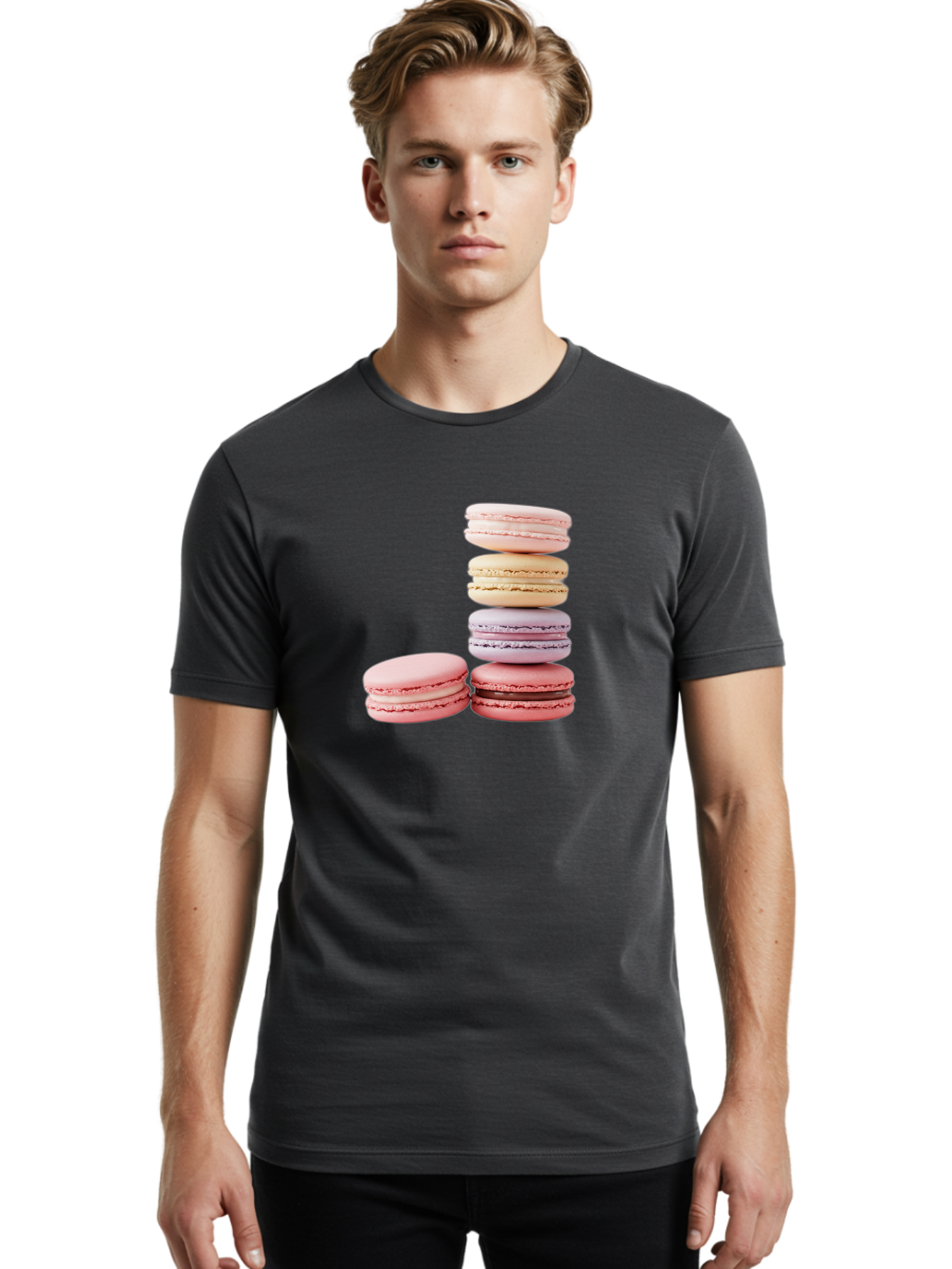 Macarons-3 Men'S Graphic Tee, 100% Cotton, Comfortable Casual Summer Wear, Machine Washable, Stacked Macarons, Pastel Colors, Pink, Purple, Beige, Dessert, Sweet Treats, French Macarons, Delicate Meringue-Based Cookies, Creamy Fillings, Baa947