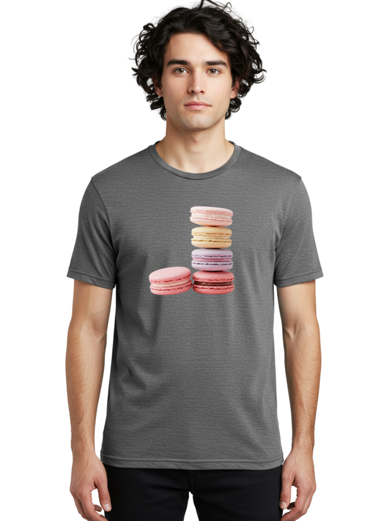 Macarons-3 Men'S Graphic Tee, 100% Cotton, Comfortable Casual Summer Wear, Machine Washable, Stacked Macarons, Pastel Colors, Pink, Purple, Beige, Dessert, Sweet Treats, French Macarons, Delicate Meringue-Based Cookies, Creamy Fillings, Baa947
