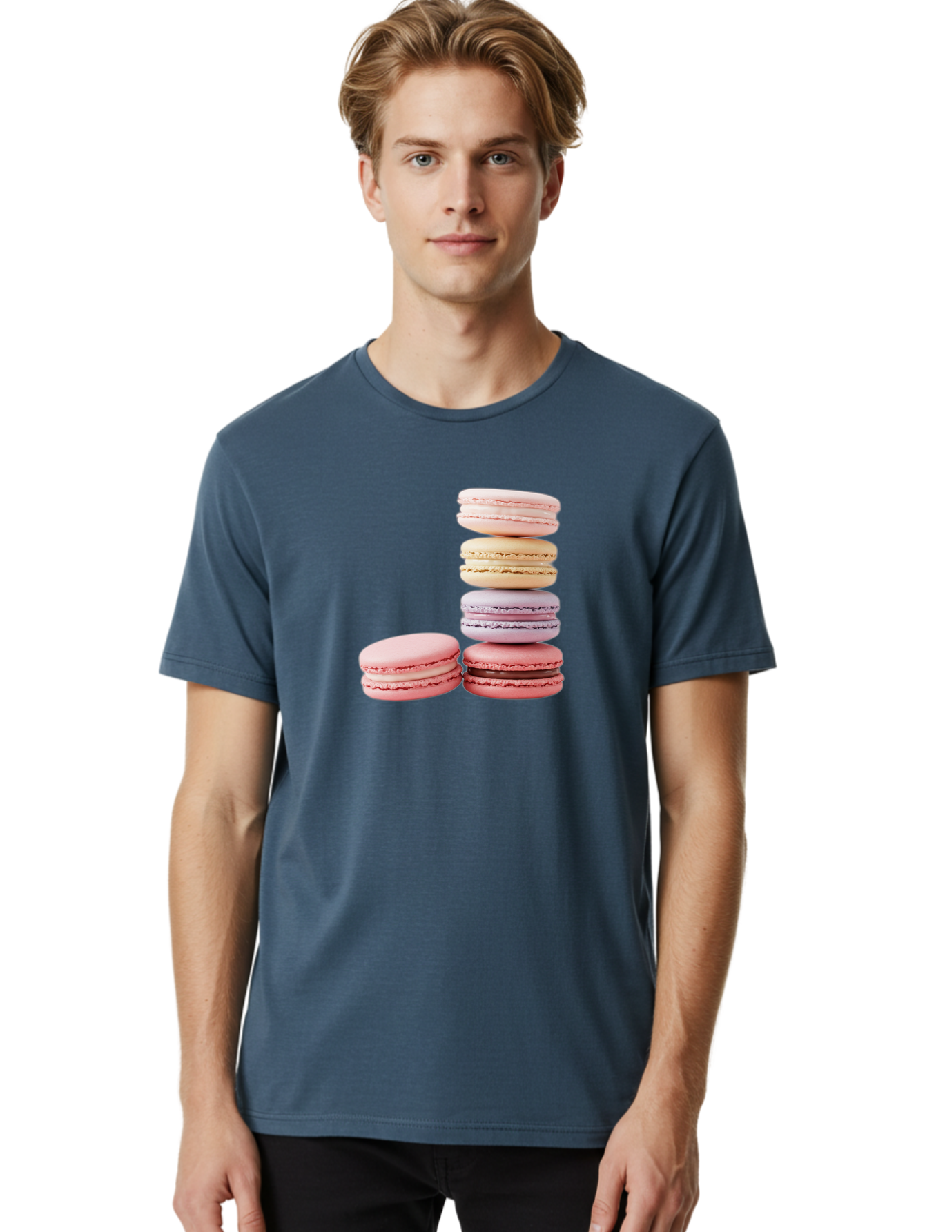 Macarons-3 Men'S Graphic Tee, 100% Cotton, Comfortable Casual Summer Wear, Machine Washable, Stacked Macarons, Pastel Colors, Pink, Purple, Beige, Dessert, Sweet Treats, French Macarons, Delicate Meringue-Based Cookies, Creamy Fillings, Baa947