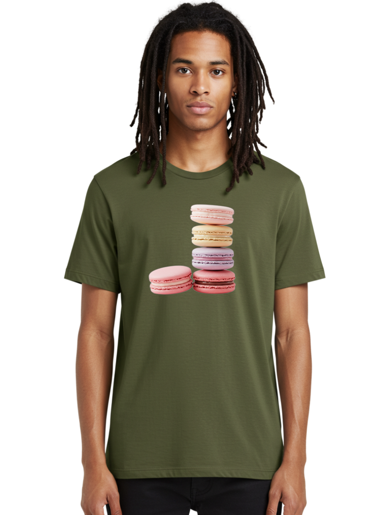 Macarons-3 Men'S Graphic Tee, 100% Cotton, Comfortable Casual Summer Wear, Machine Washable, Stacked Macarons, Pastel Colors, Pink, Purple, Beige, Dessert, Sweet Treats, French Macarons, Delicate Meringue-Based Cookies, Creamy Fillings, Baa947