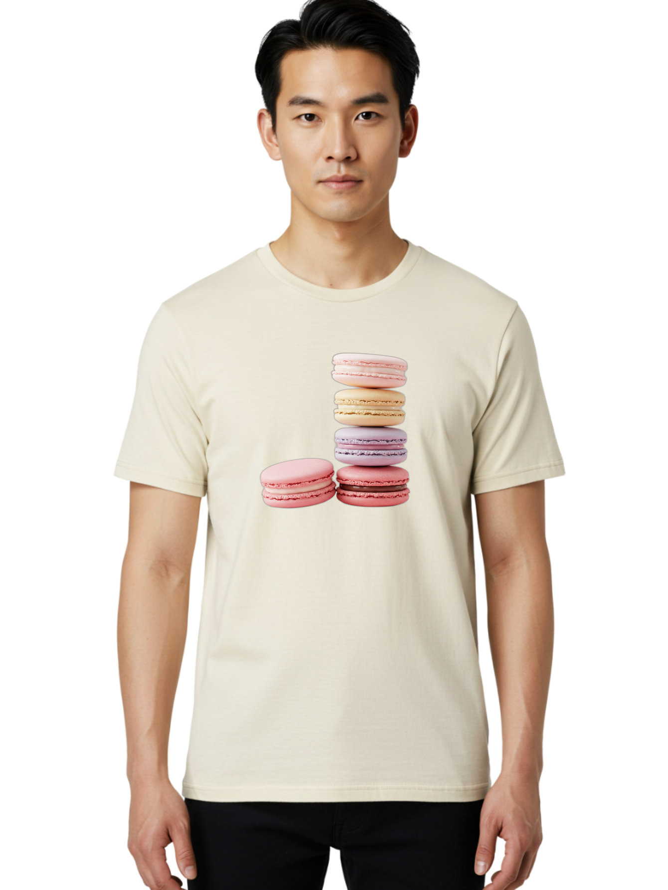 Macarons-3 Men'S Graphic Tee, 100% Cotton, Comfortable Casual Summer Wear, Machine Washable, Stacked Macarons, Pastel Colors, Pink, Purple, Beige, Dessert, Sweet Treats, French Macarons, Delicate Meringue-Based Cookies, Creamy Fillings, Baa947