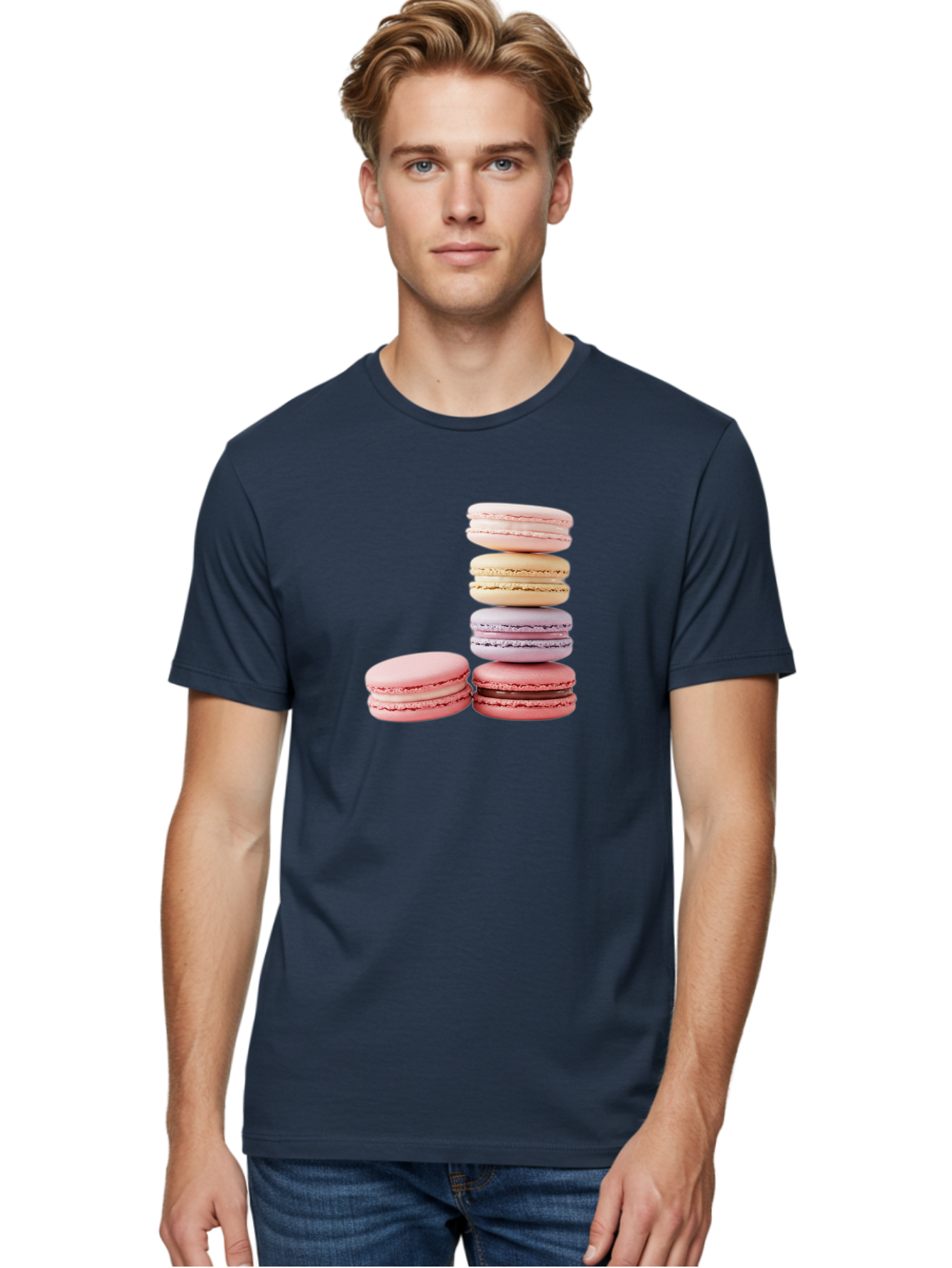 Macarons-3 Men'S Graphic Tee, 100% Cotton, Comfortable Casual Summer Wear, Machine Washable, Stacked Macarons, Pastel Colors, Pink, Purple, Beige, Dessert, Sweet Treats, French Macarons, Delicate Meringue-Based Cookies, Creamy Fillings, Baa947